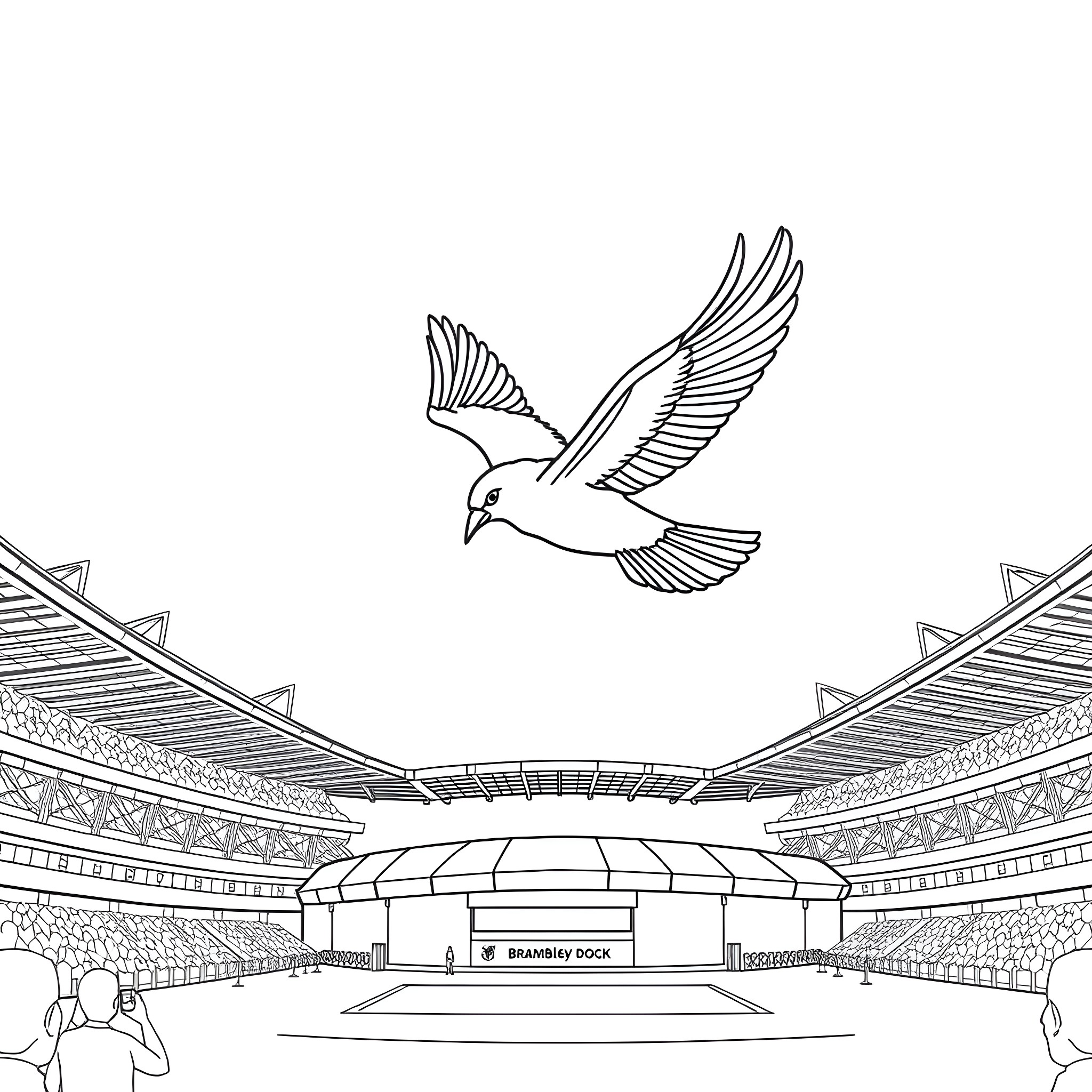 Bird soaring above a grand sports stadium Coloring Page (free black-and-white line drawing printable PDF for all, from beginners to advanced learners, including children, teens, adults, and seniors)