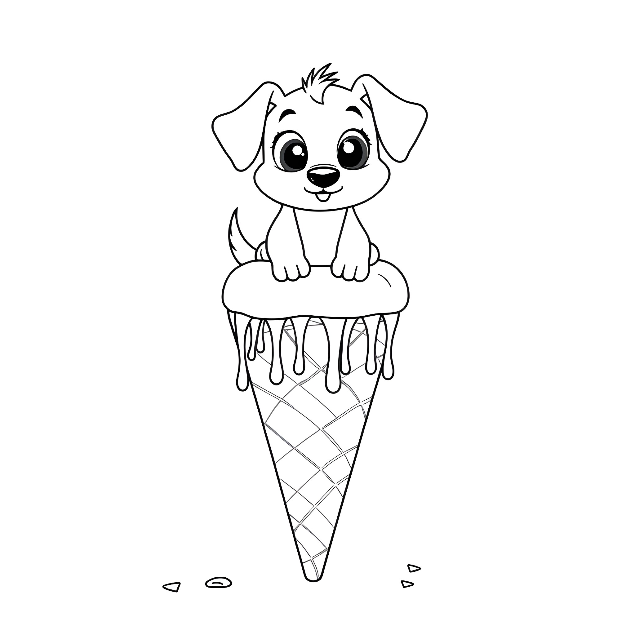 Dog sitting in a melting ice cream cone Coloring Page (free black-and-white line drawing printable PDF for all, from beginners to advanced learners, including children, teens, adults, and seniors)