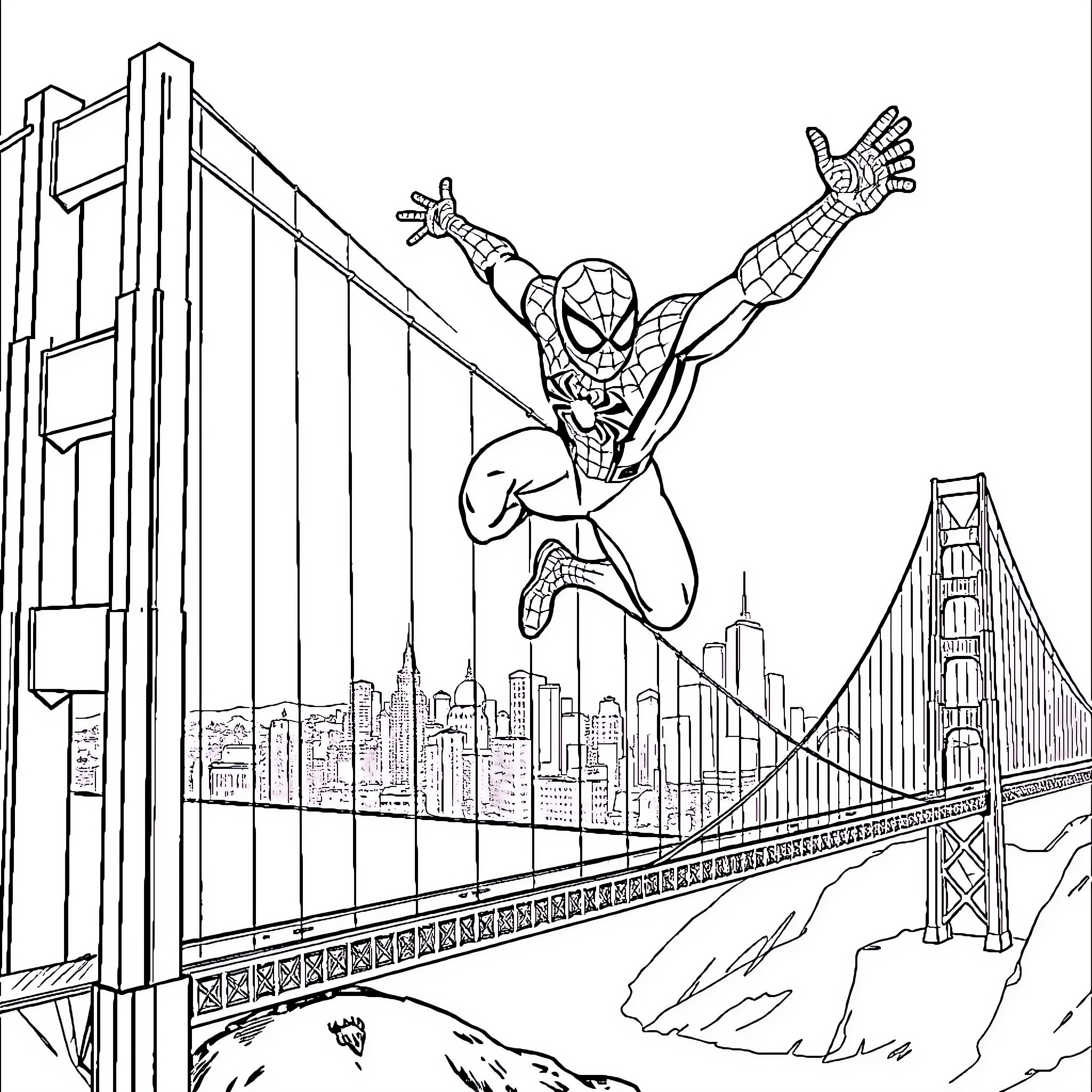 Spider-Man swinging through the city skyline Coloring Page (free black-and-white line drawing printable PDF for all, from beginners to advanced learners, including children, teens, adults, and seniors)