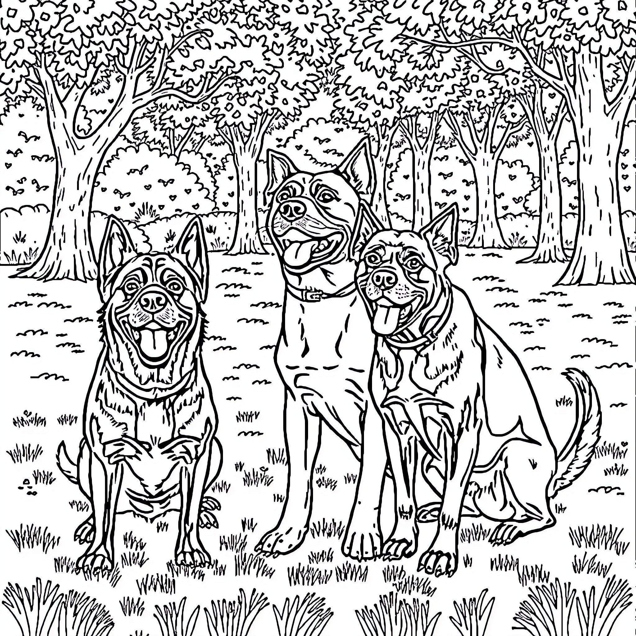Dog Trio Playing in the Forest Coloring Page (free black-and-white line drawing printable PDF for all, from beginners to advanced learners, including children, teens, adults, and seniors)