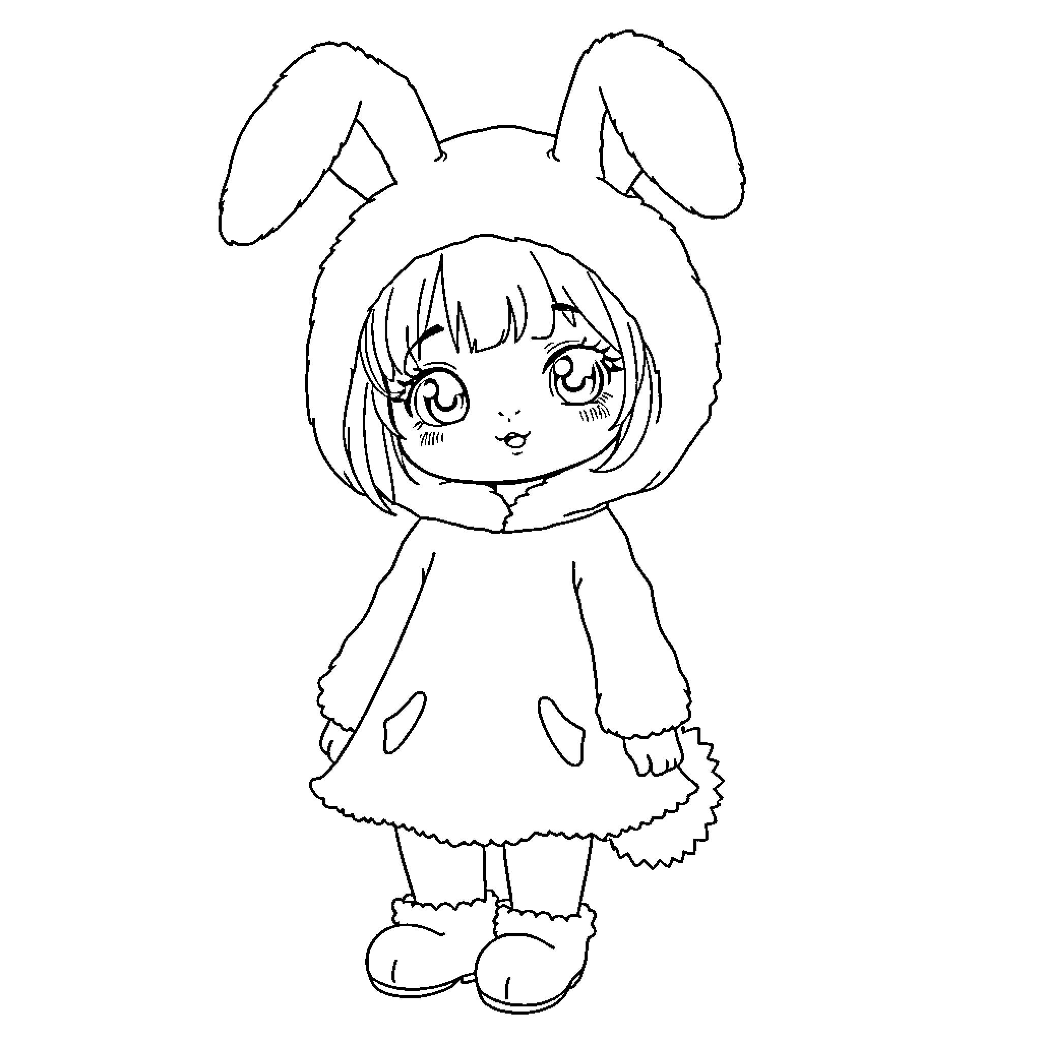 Rabbit-eared girl in cozy outfit Coloring Page (free black-and-white line drawing printable PDF for all, from beginners to advanced learners, including children, teens, adults, and seniors)