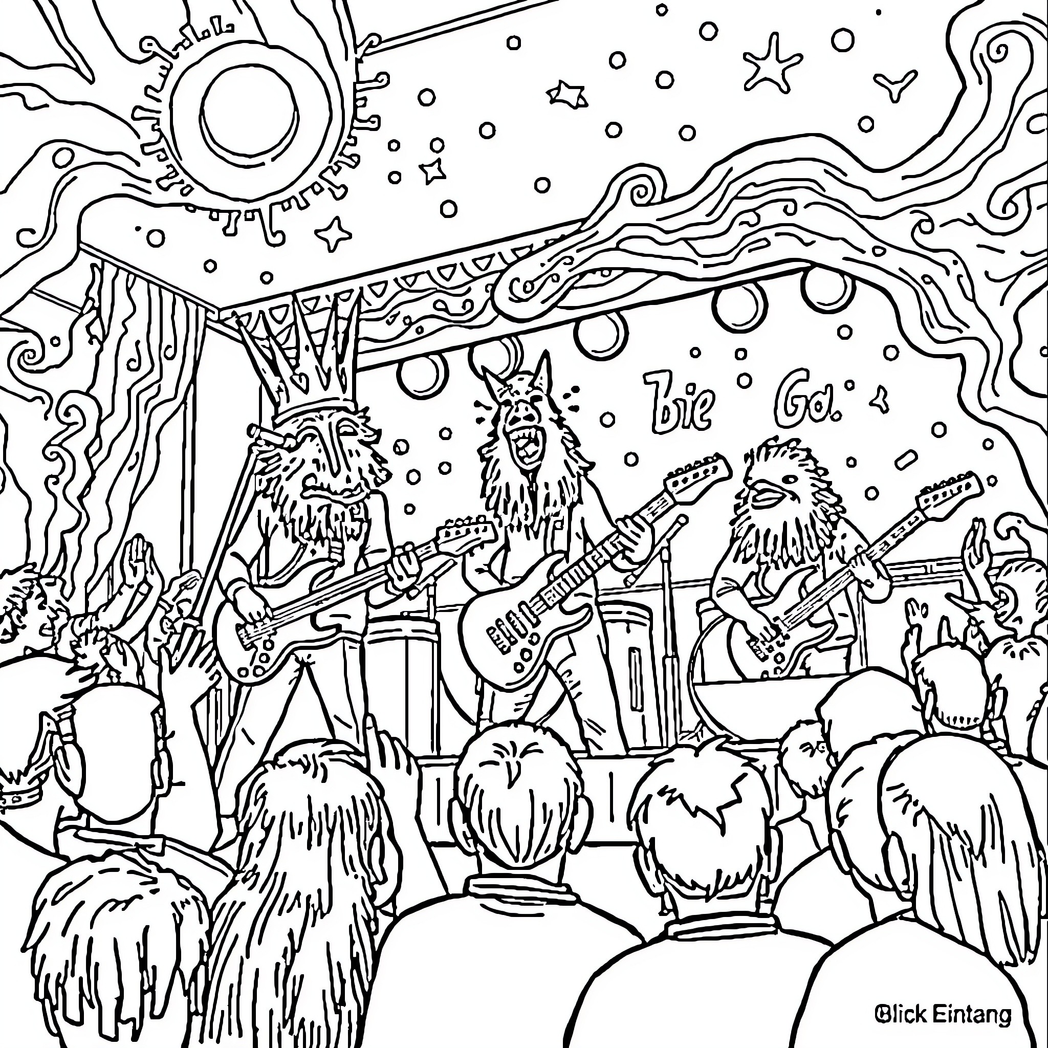 King Gizzard's Cosmic Jam Session Coloring Page (free black-and-white line drawing printable PDF for all, from beginners to advanced learners, including children, teens, adults, and seniors)