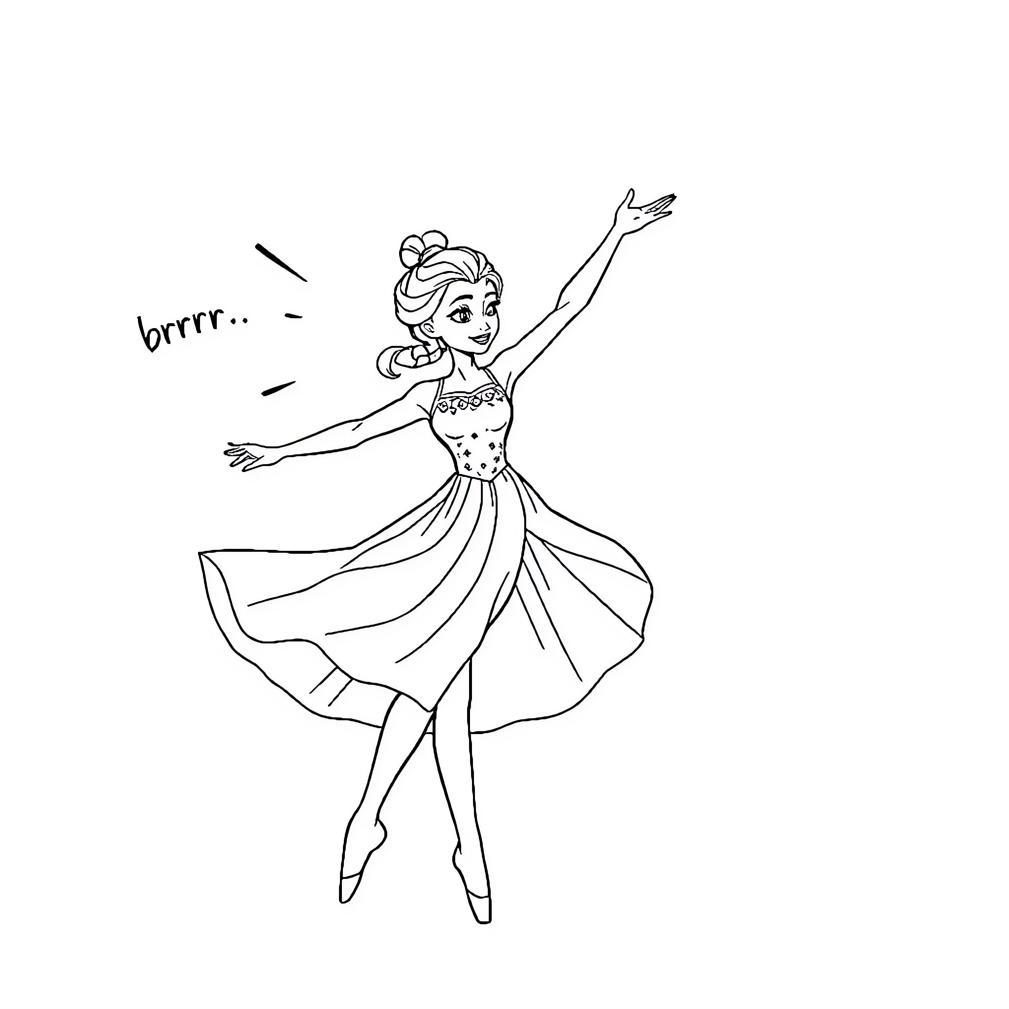 Elsa dancing gracefully in a flowing dress Coloring Page (free black-and-white line drawing printable PDF for all, from beginners to advanced learners, including children, teens, adults, and seniors)