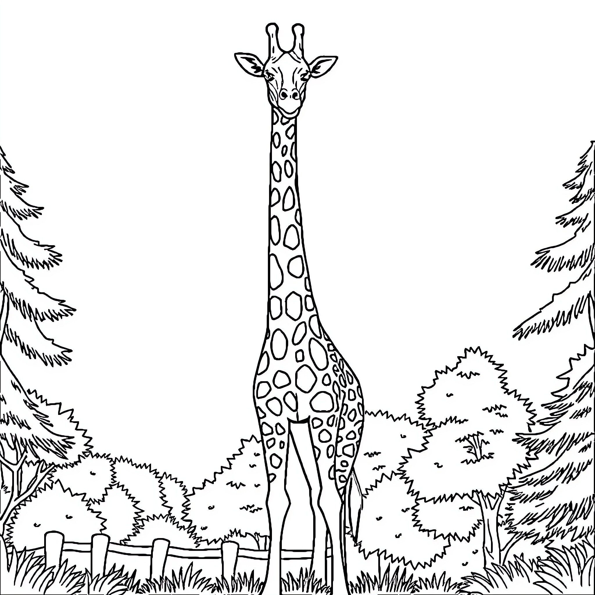 Giraffe towering over the forest landscape Coloring Page (free black-and-white line drawing printable PDF for all, from beginners to advanced learners, including children, teens, adults, and seniors)