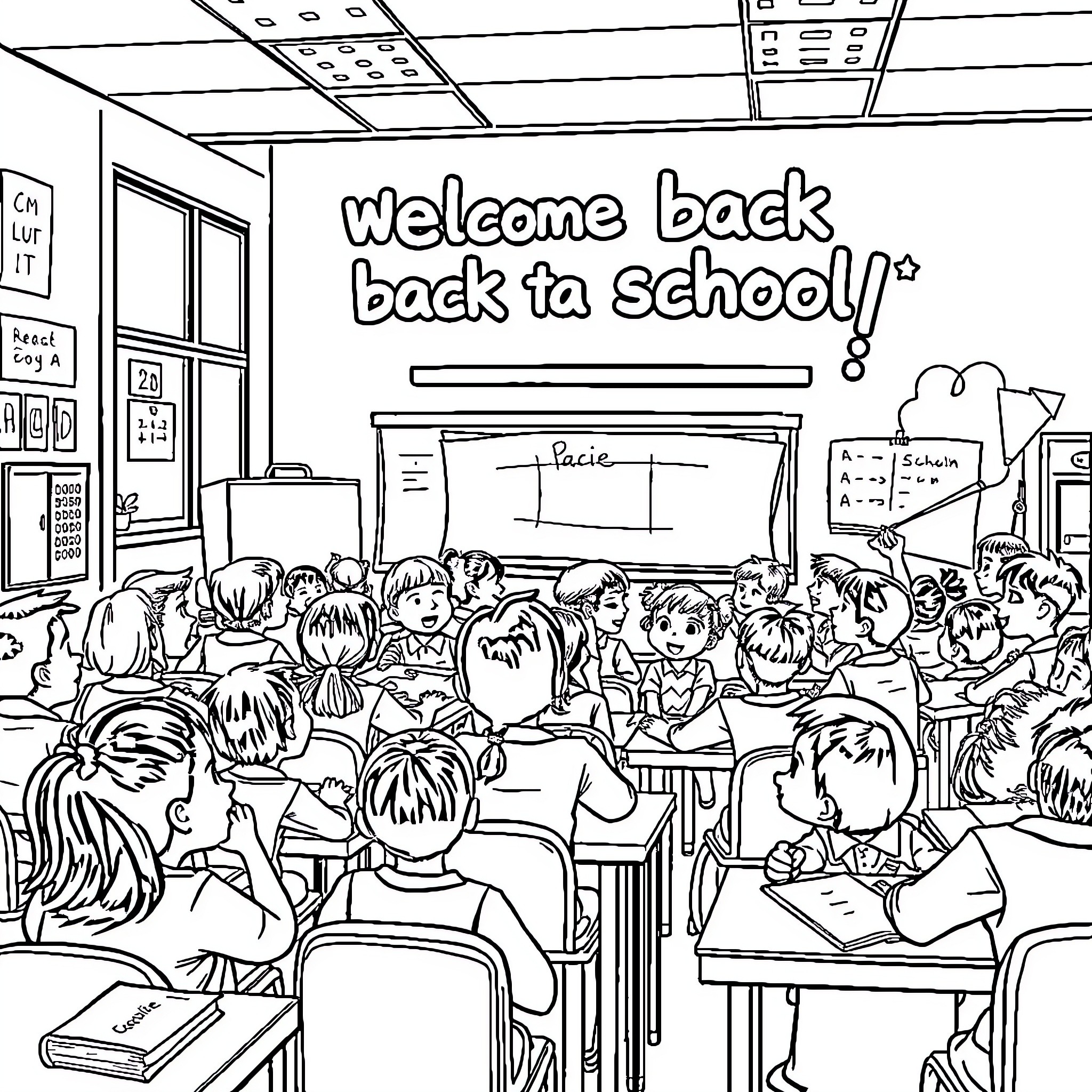 School Classroom With Students Welcoming Back to School Coloring Page (free black-and-white line drawing printable PDF for all, from beginners to advanced learners, including children, teens, adults, and seniors)