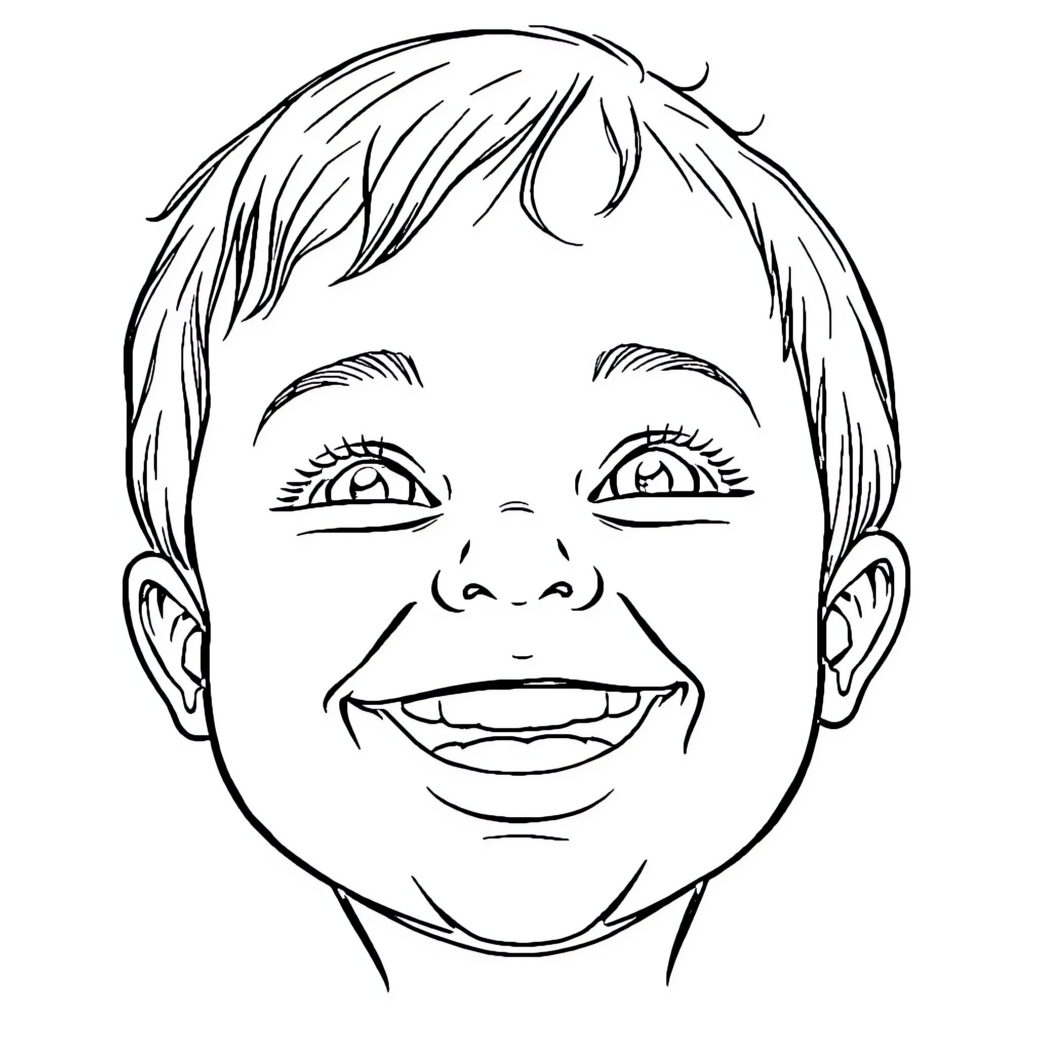 Child's happy expression in black and white Coloring Page (free black-and-white line drawing printable PDF for all, from beginners to advanced learners, including children, teens, adults, and seniors)