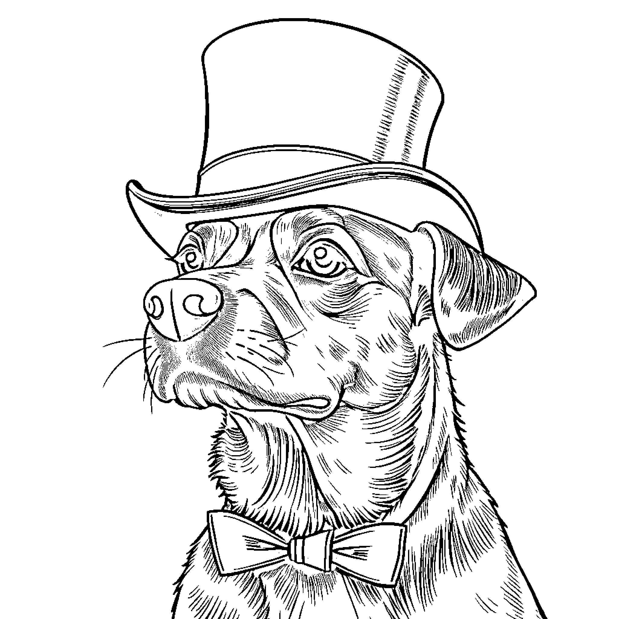 Dog wearing a top hat and bowtie Coloring Page (free black-and-white line drawing printable PDF for all, from beginners to advanced learners, including children, teens, adults, and seniors)