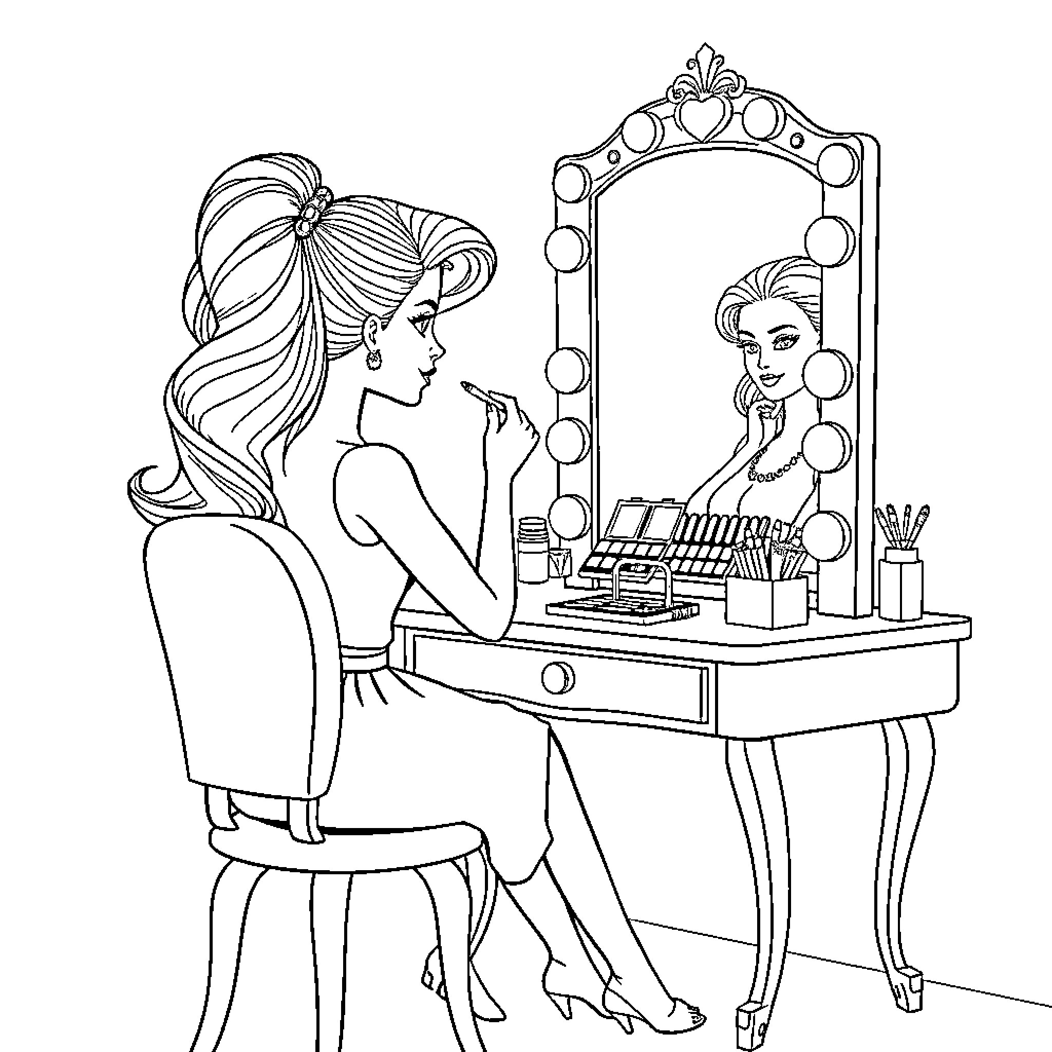 Barbie Applying Makeup at Vanity Mirror Coloring Page (free black-and-white line drawing printable PDF for all, from beginners to advanced learners, including children, teens, adults, and seniors)