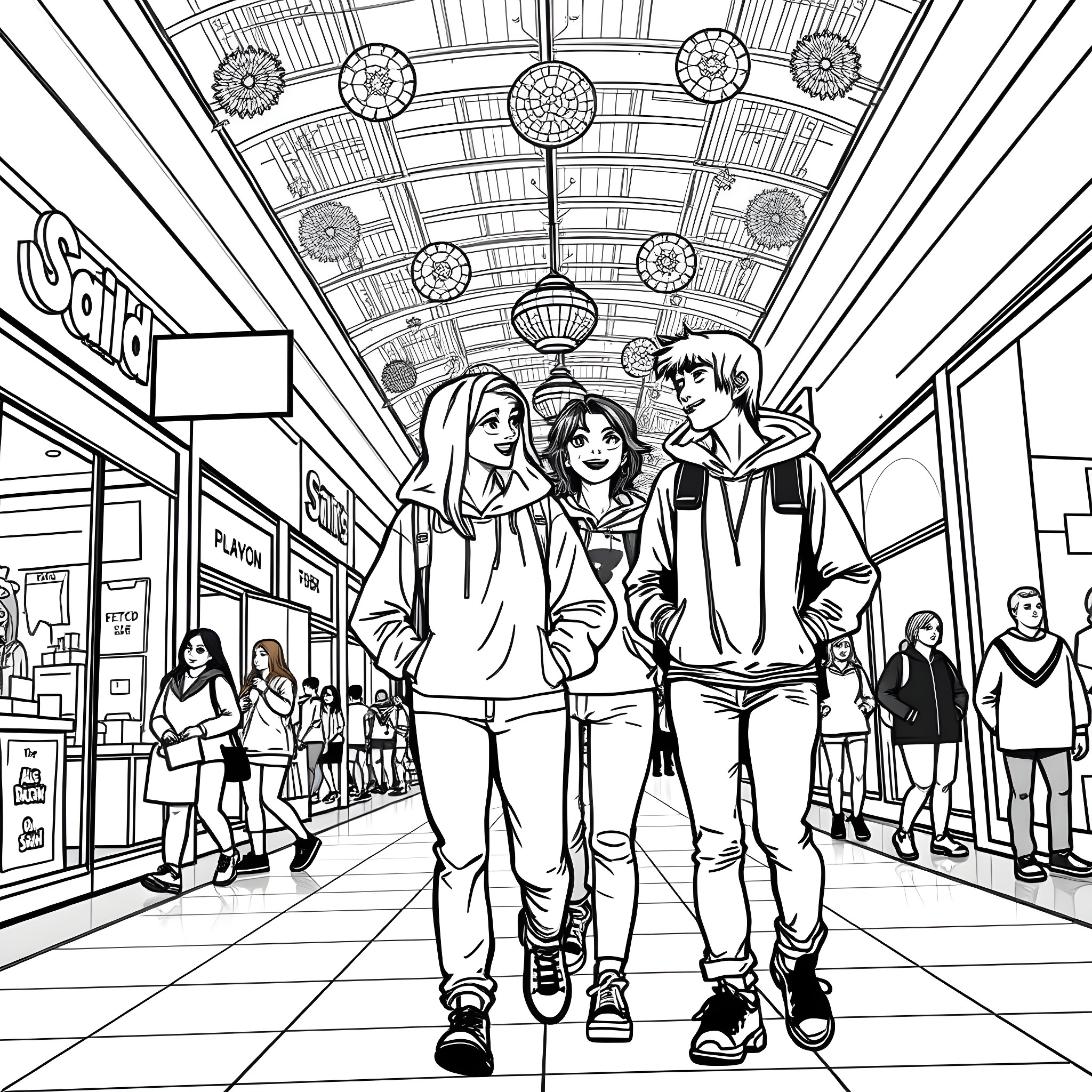 Teen Guys Hanging Out at the Mall Coloring Page (free black-and-white line drawing printable PDF for all, from beginners to advanced learners, including children, teens, adults, and seniors)