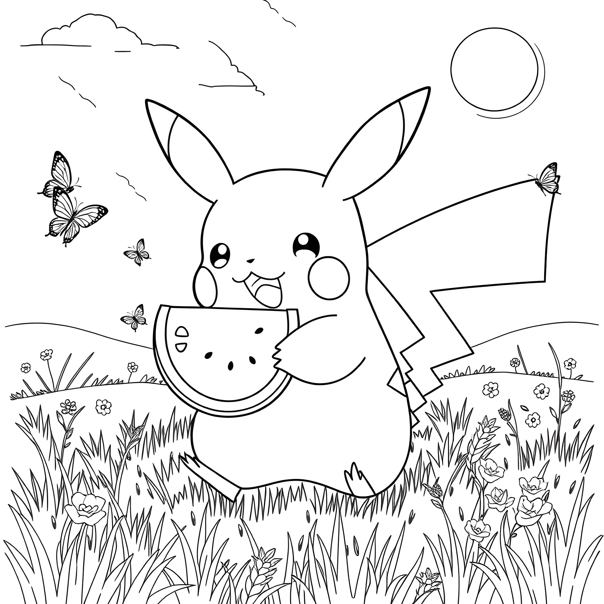 Pikachu enjoying a peaceful day in nature Coloring Page (free black-and-white line drawing printable PDF for all, from beginners to advanced learners, including children, teens, adults, and seniors)