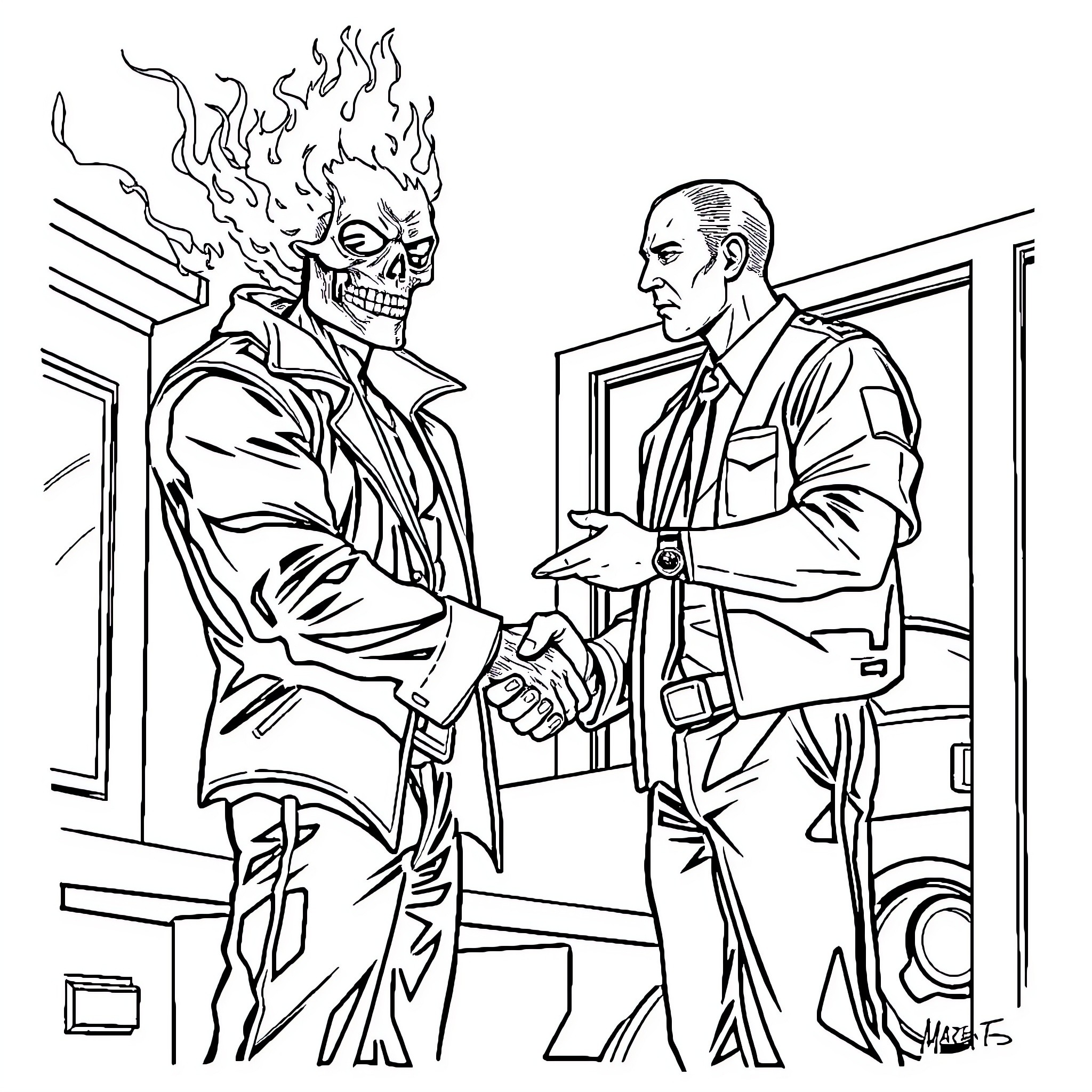 Ghost Rider shaking hands with a businessman Coloring Page (free black-and-white line drawing printable PDF for all, from beginners to advanced learners, including children, teens, adults, and seniors)