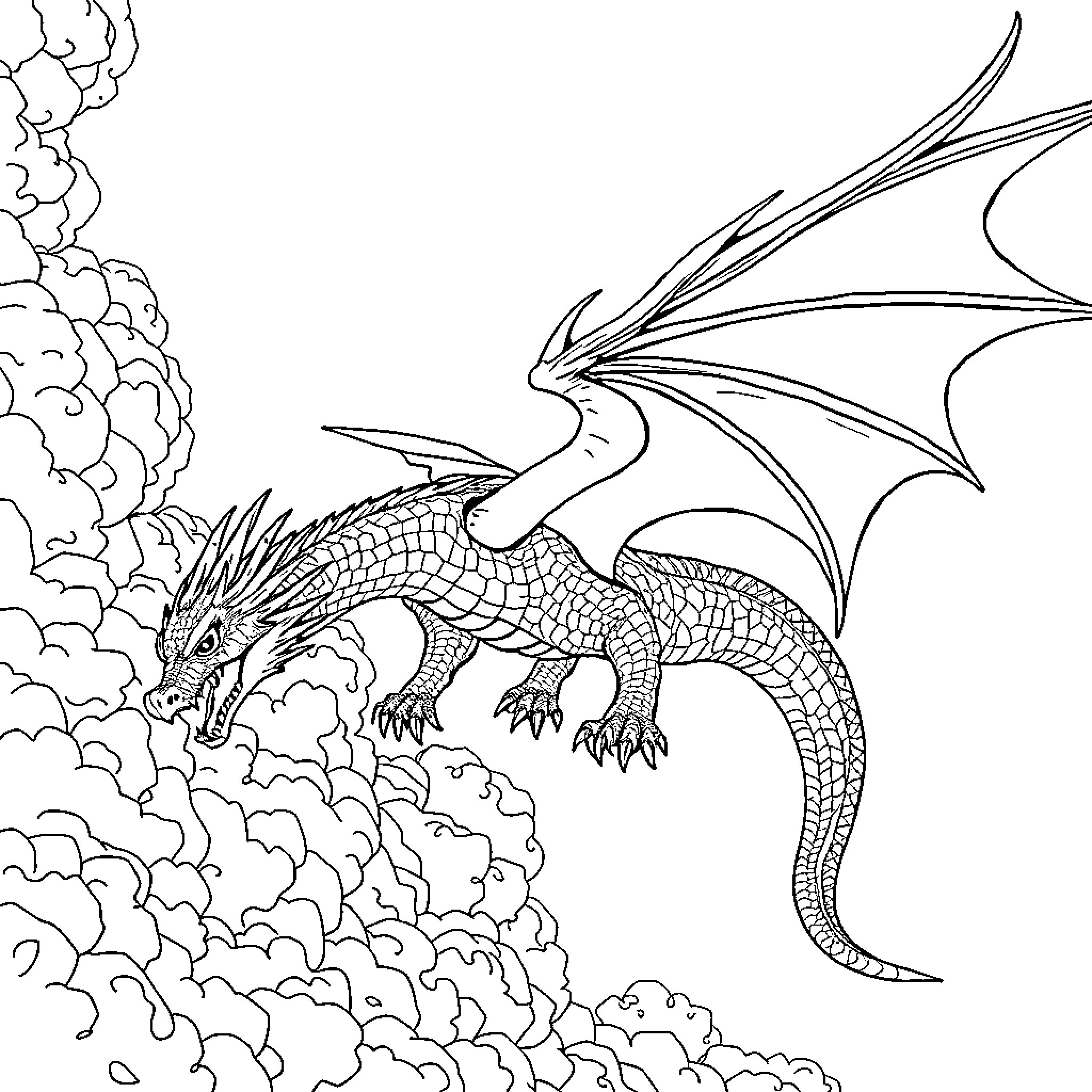 Dragon soaring through the clouds Coloring Page (free black-and-white line drawing printable PDF for all, from beginners to advanced learners, including children, teens, adults, and seniors)