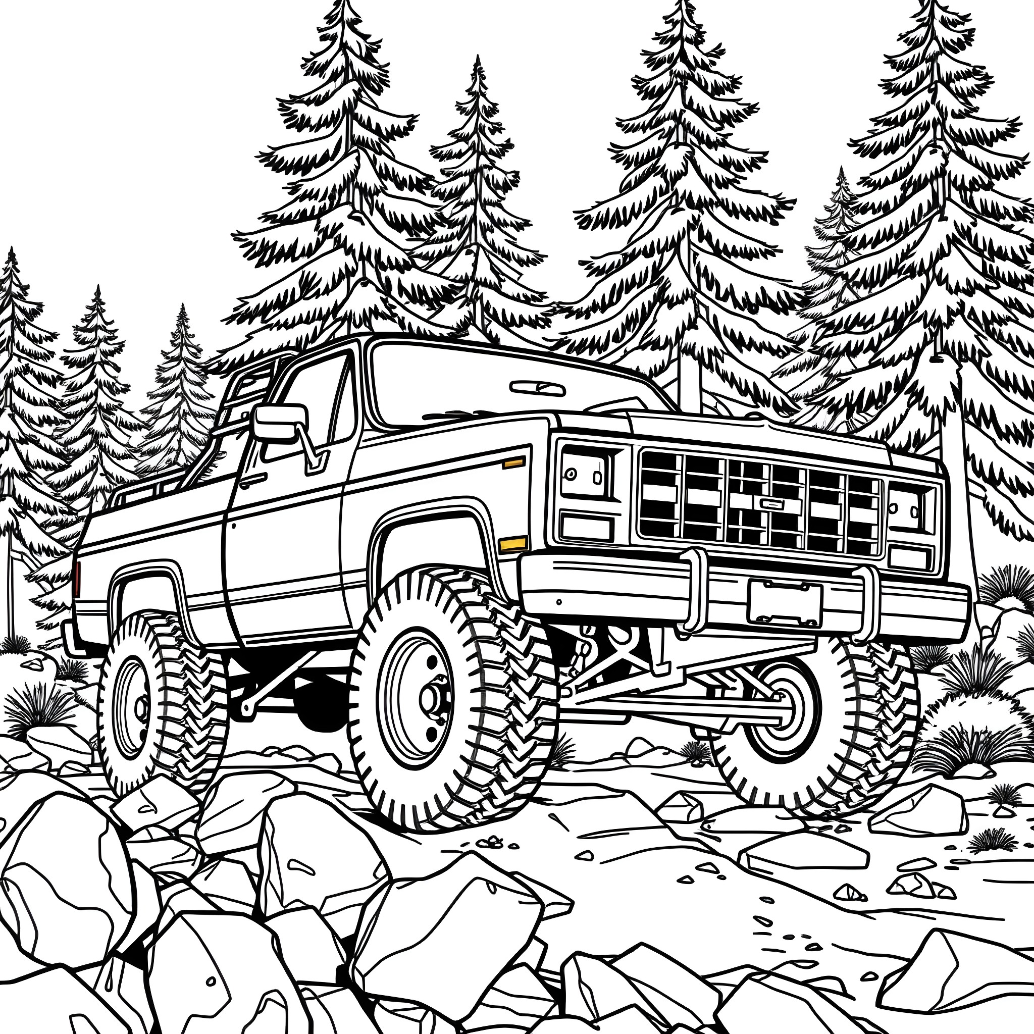 K30 Rugged Truck Navigating Rocky Terrain in Forest Coloring Page (free black-and-white line drawing printable PDF for all, from beginners to advanced learners, including children, teens, adults, and seniors)