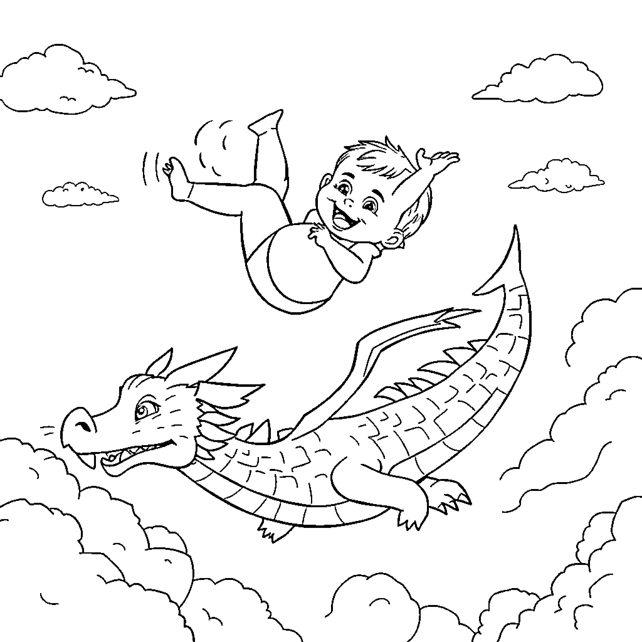 Baby flying on a dragon in the clouds Coloring Page (free black-and-white line drawing printable PDF for all, from beginners to advanced learners, including children, teens, adults, and seniors)