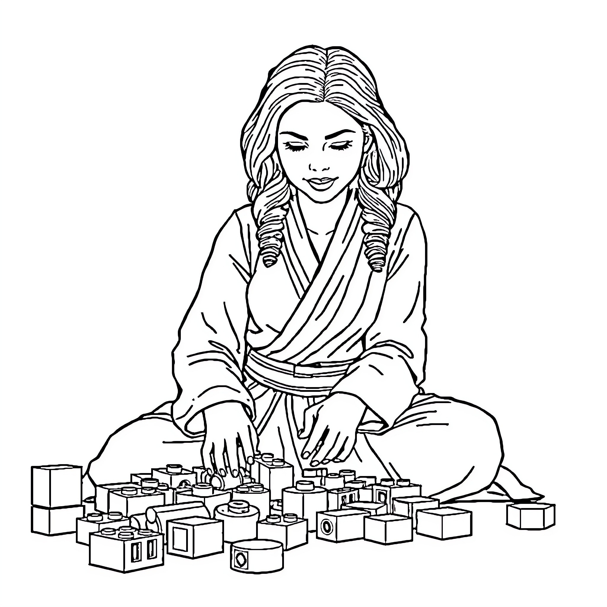 Princess Leia playing with toys in a meditative pose Coloring Page (free black-and-white line drawing printable PDF for all, from beginners to advanced learners, including children, teens, adults, and seniors)
