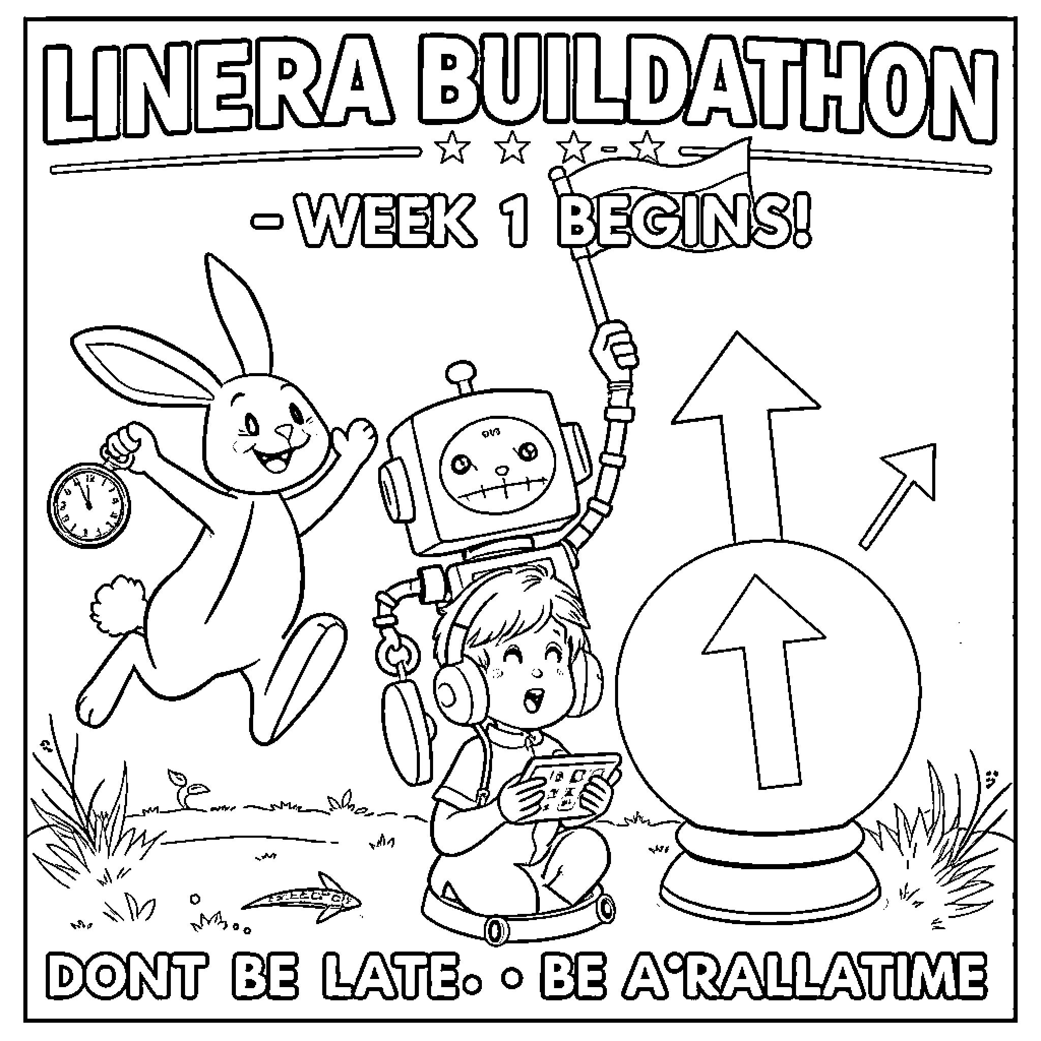 Rabbit and friends participate in the Linera Buildathon Coloring Page (free black-and-white line drawing printable PDF for all, from beginners to advanced learners, including children, teens, adults, and seniors)