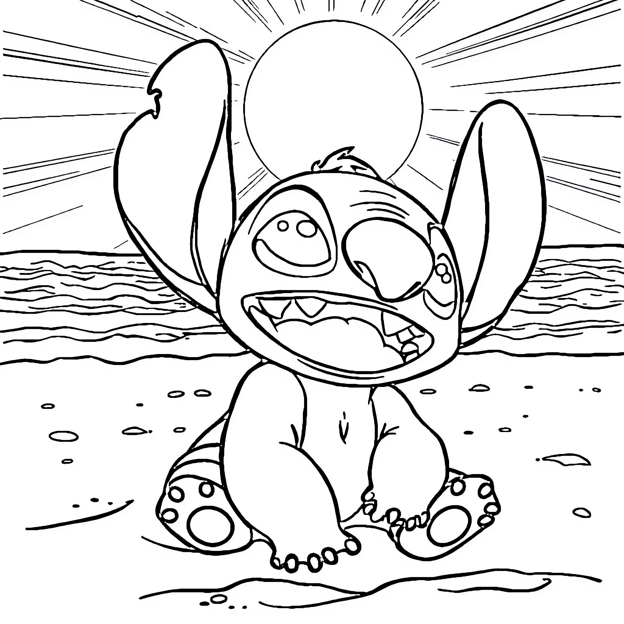 Stitch enjoying the beach under the sun Coloring Page (free black-and-white line drawing printable PDF for all, from beginners to advanced learners, including children, teens, adults, and seniors)