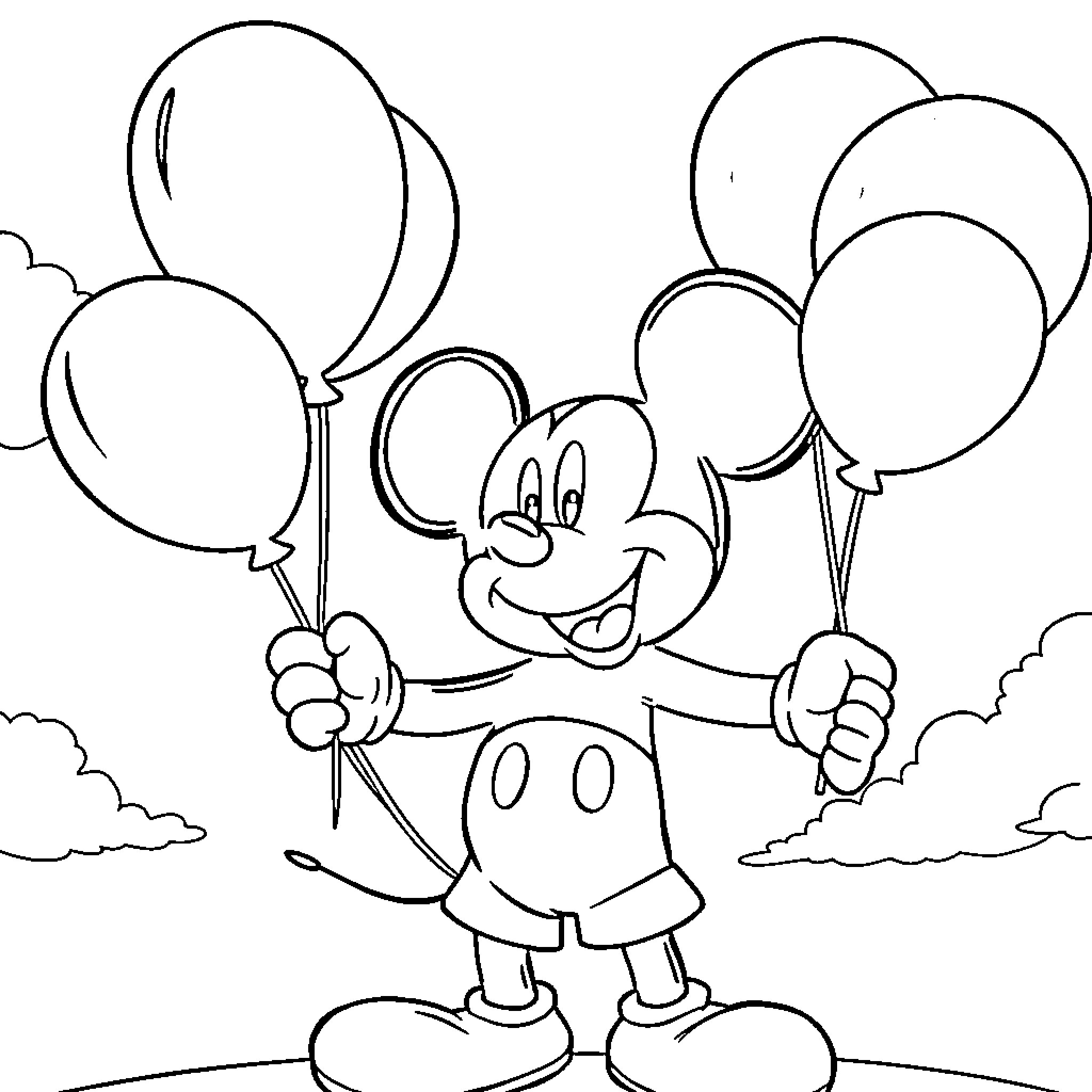 Mickey Mouse holding colorful balloons outdoors Coloring Page (free black-and-white line drawing printable PDF for all, from beginners to advanced learners, including children, teens, adults, and seniors)