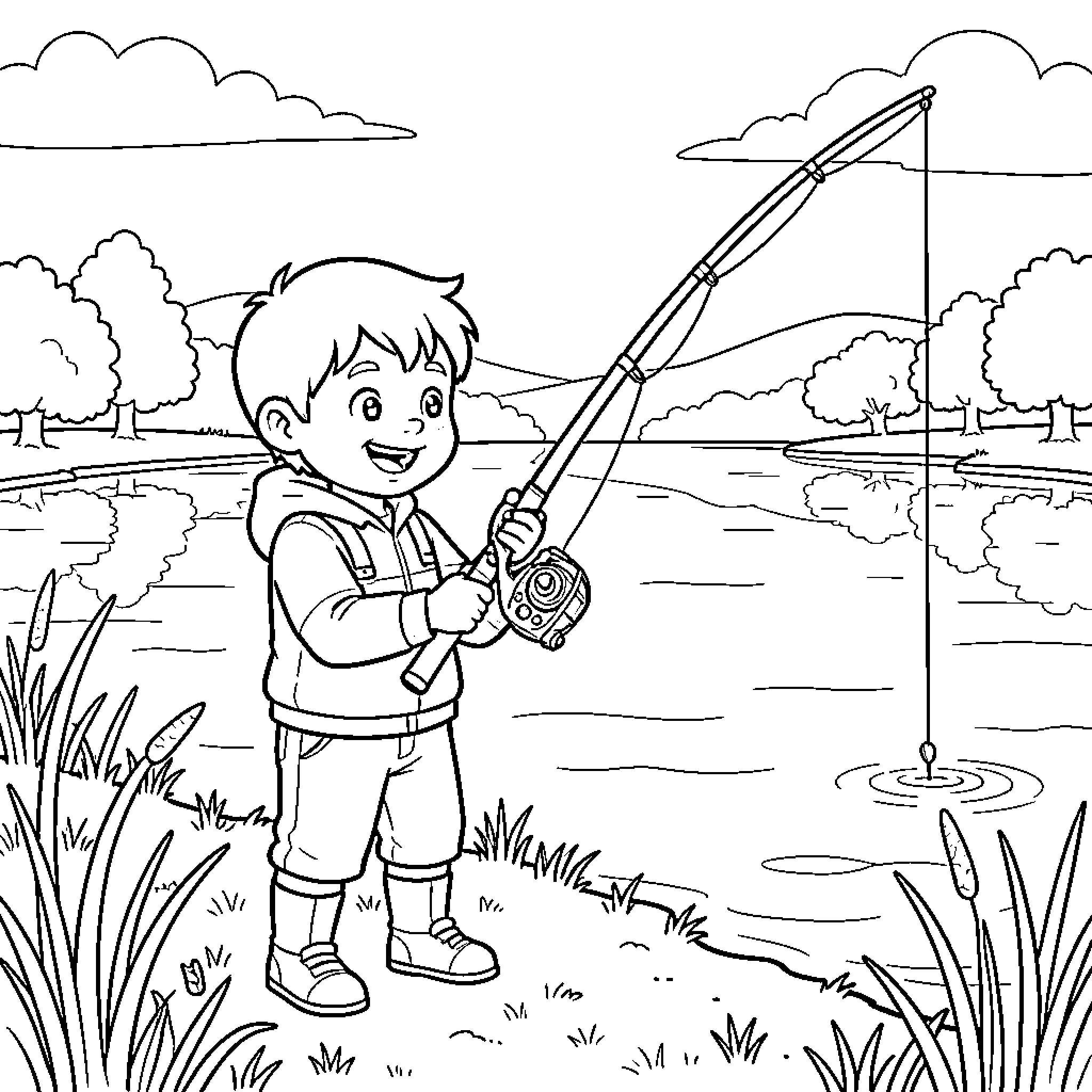 Boy fishing by the lake on a sunny day Coloring Page (free black-and-white line drawing printable PDF for all, from beginners to advanced learners, including children, teens, adults, and seniors)