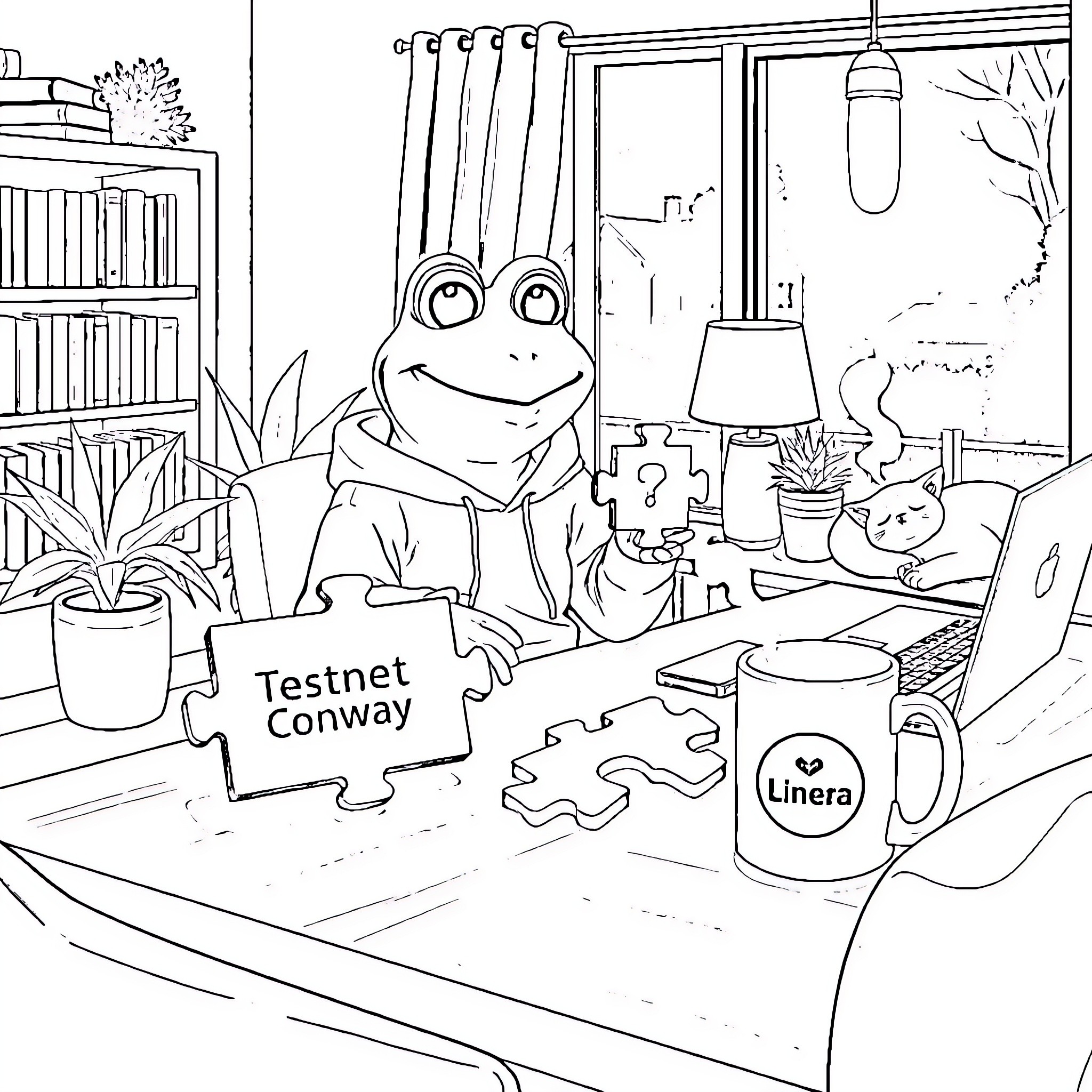 Pepe the Frog working on puzzles in home office Coloring Page (free black-and-white line drawing printable PDF for all, from beginners to advanced learners, including children, teens, adults, and seniors)