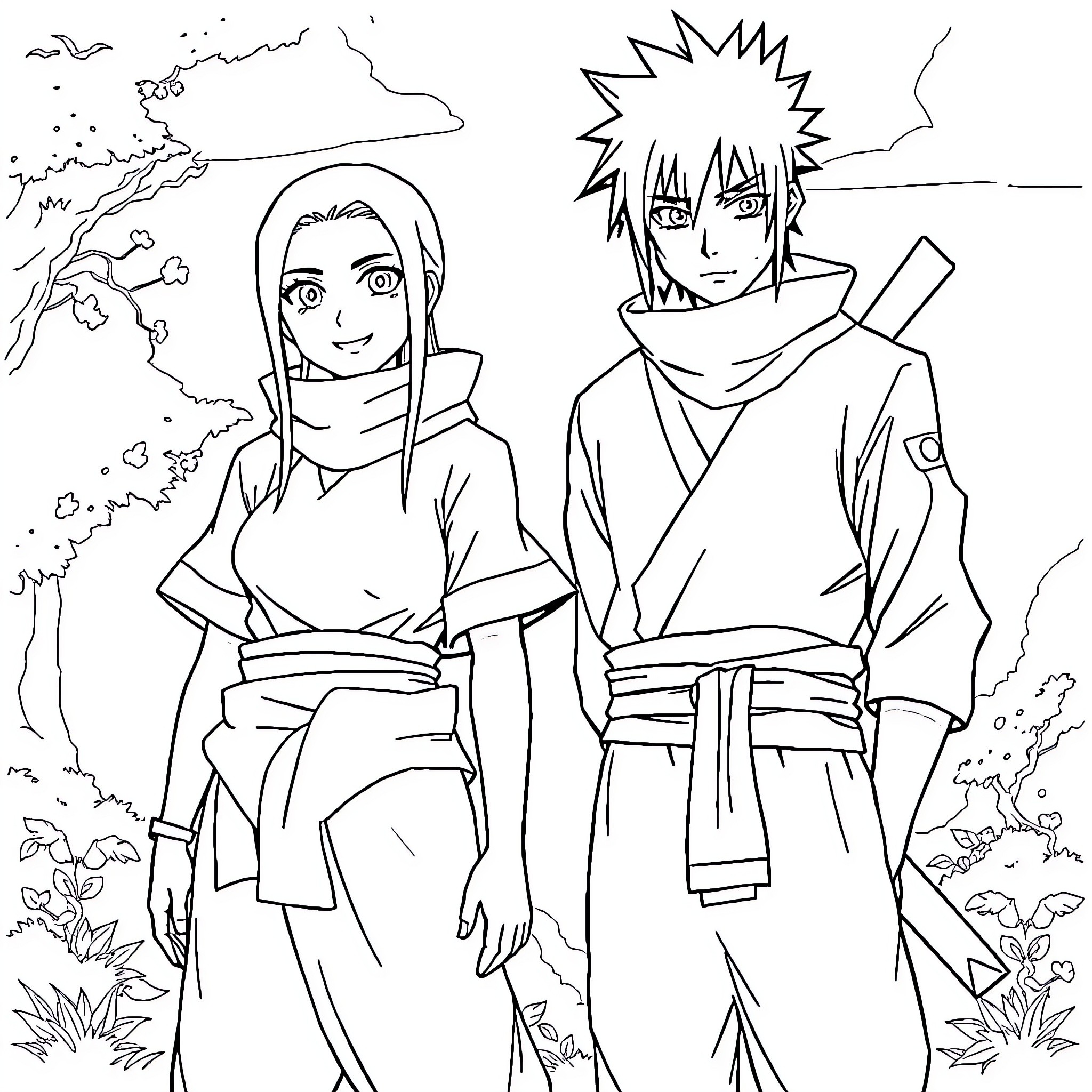 Naoe - Two ninja warriors in nature setting Coloring Page (free black-and-white line drawing printable PDF for all, from beginners to advanced learners, including children, teens, adults, and seniors)