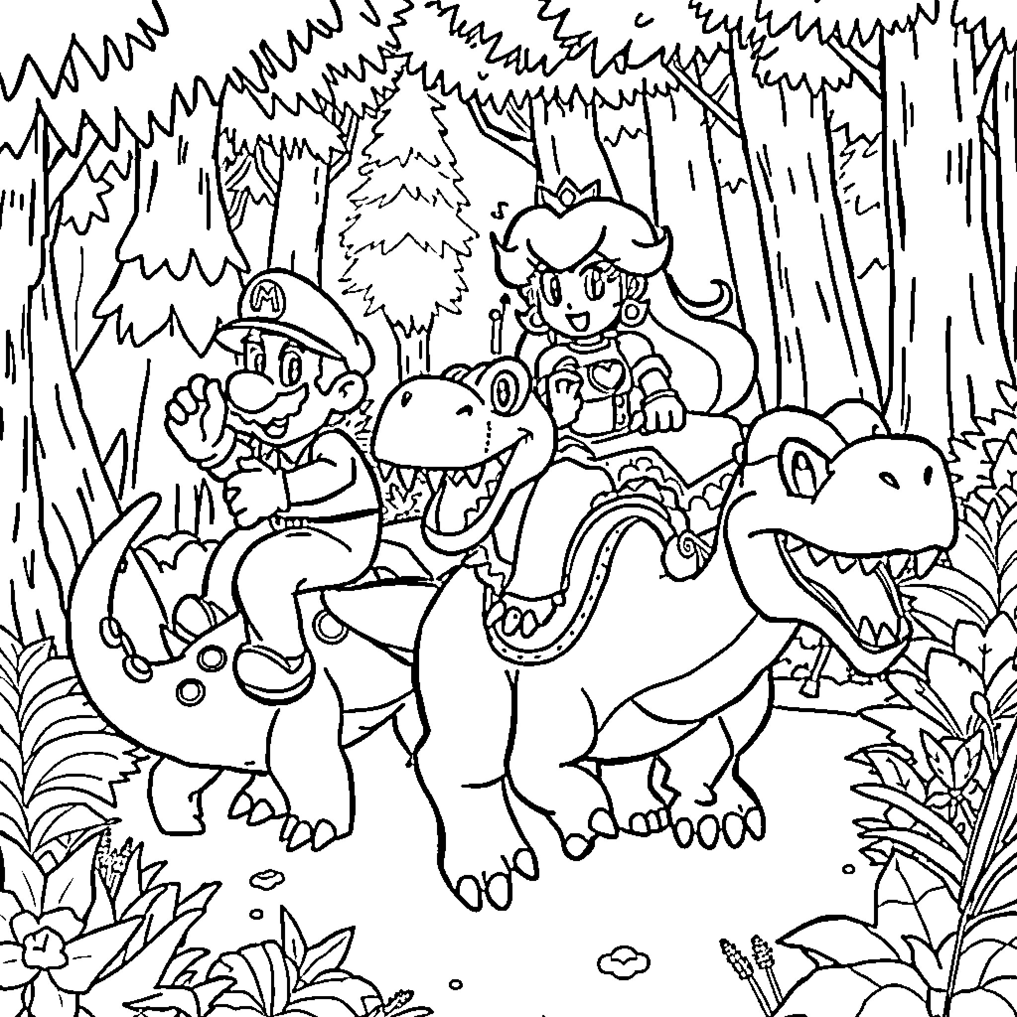Mario and friends exploring a prehistoric landscape Coloring Page (free black-and-white line drawing printable PDF for all, from beginners to advanced learners, including children, teens, adults, and seniors)