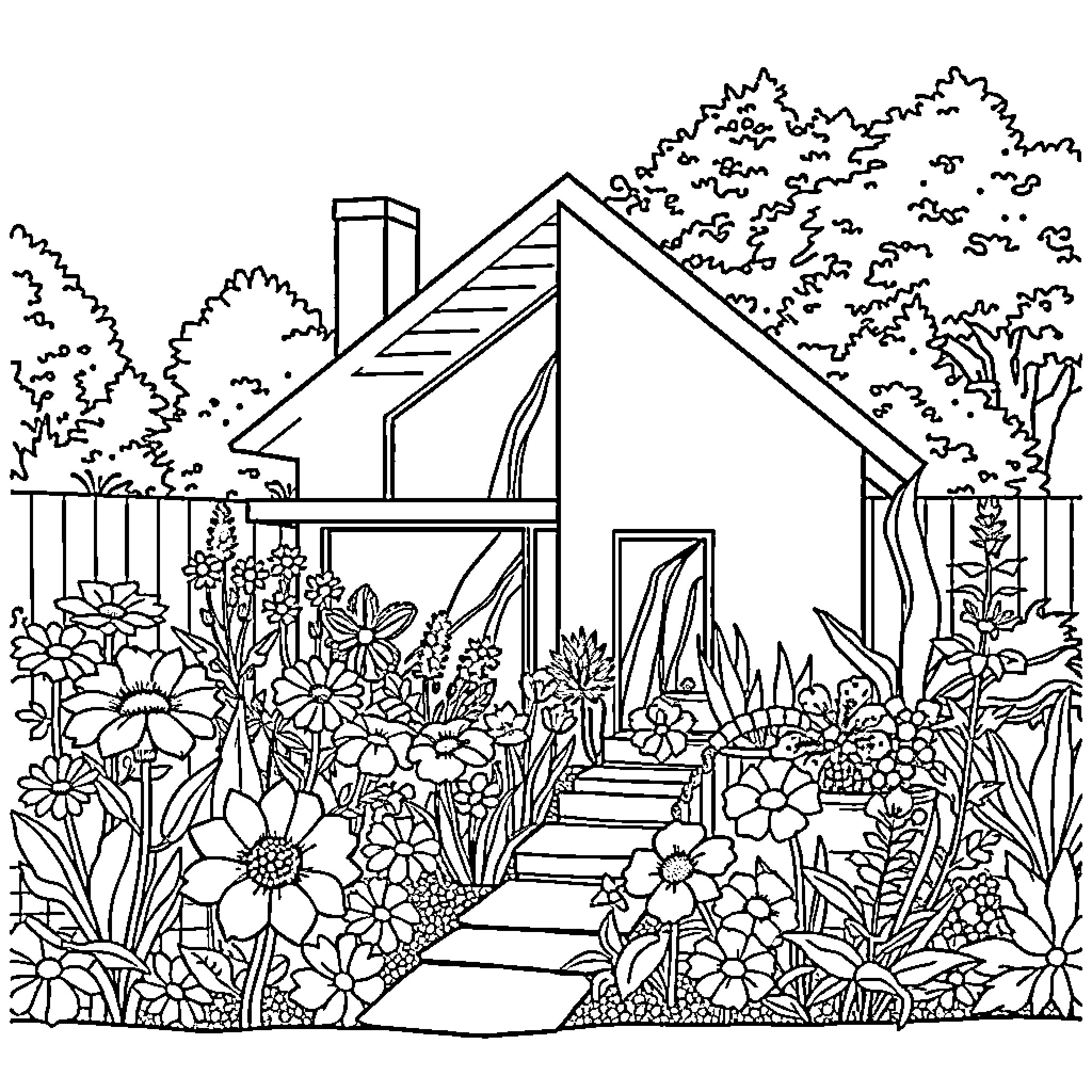 Garden House with Lush Floral Landscape Coloring Page (free black-and-white line drawing printable PDF for all, from beginners to advanced learners, including children, teens, adults, and seniors)