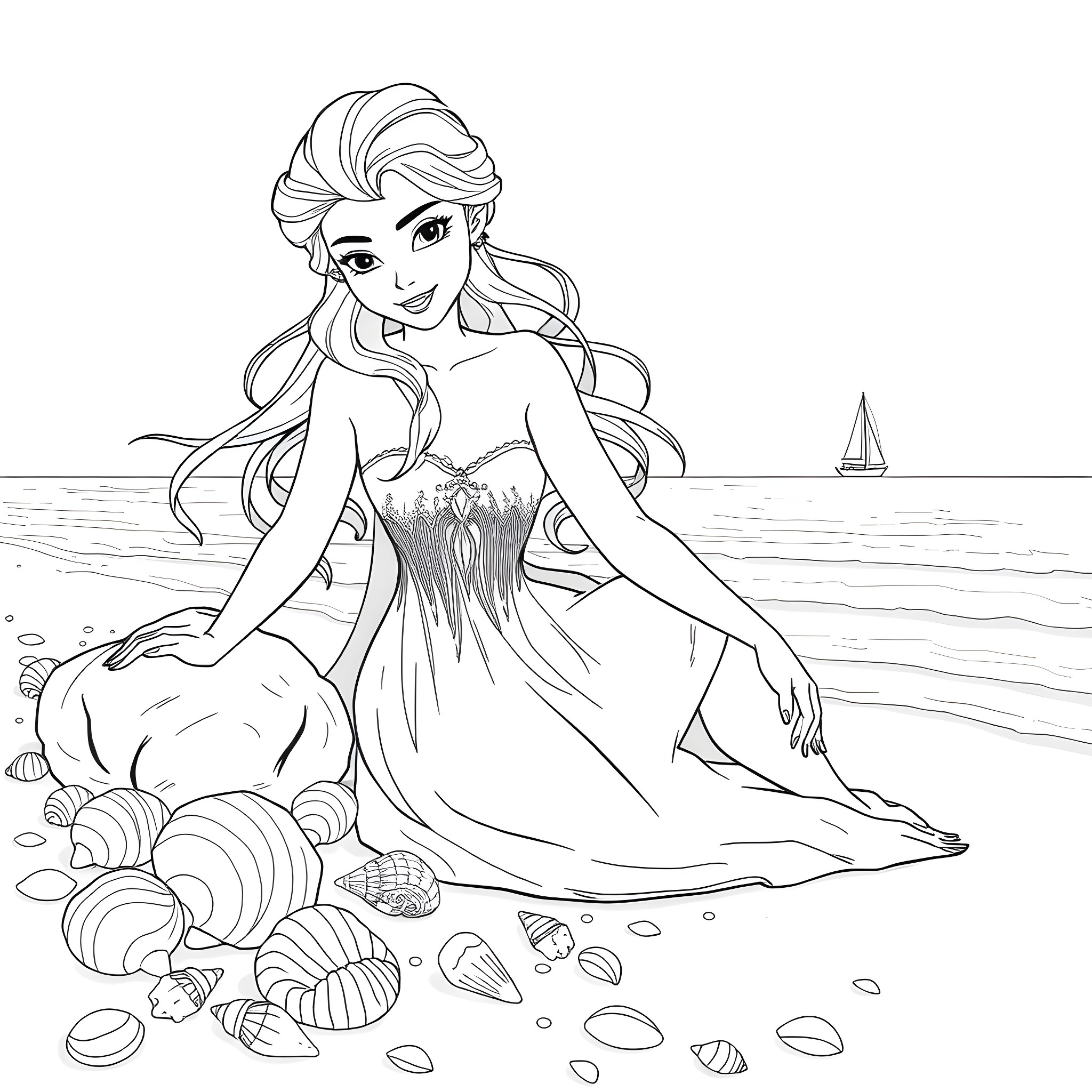 Elsa enjoying a peaceful beach day Coloring Page (free black-and-white line drawing printable PDF for all, from beginners to advanced learners, including children, teens, adults, and seniors)