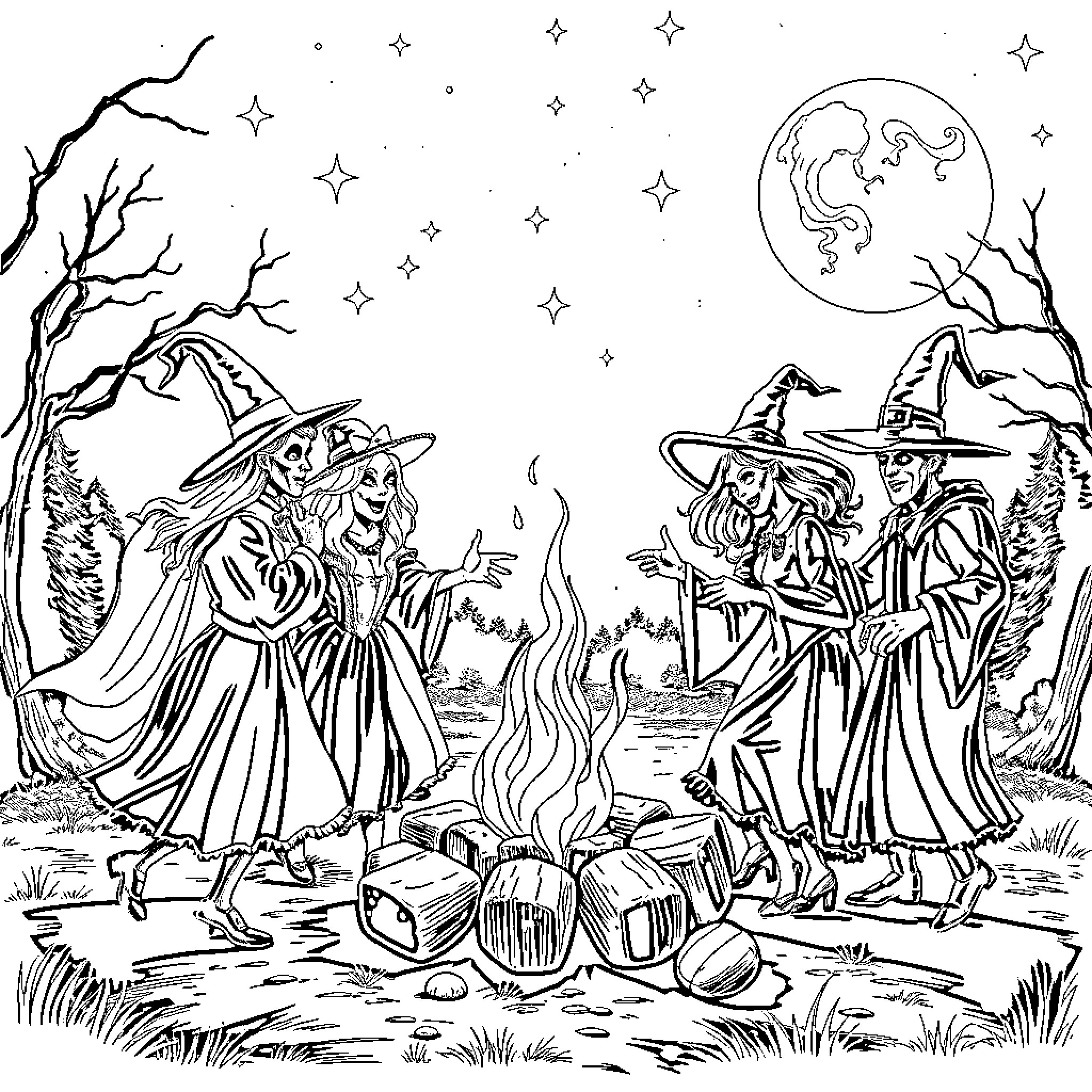 Horror Character Witches Casting Spells in Eerie Forest Coloring Page (free black-and-white line drawing printable PDF for all, from beginners to advanced learners, including children, teens, adults, and seniors)