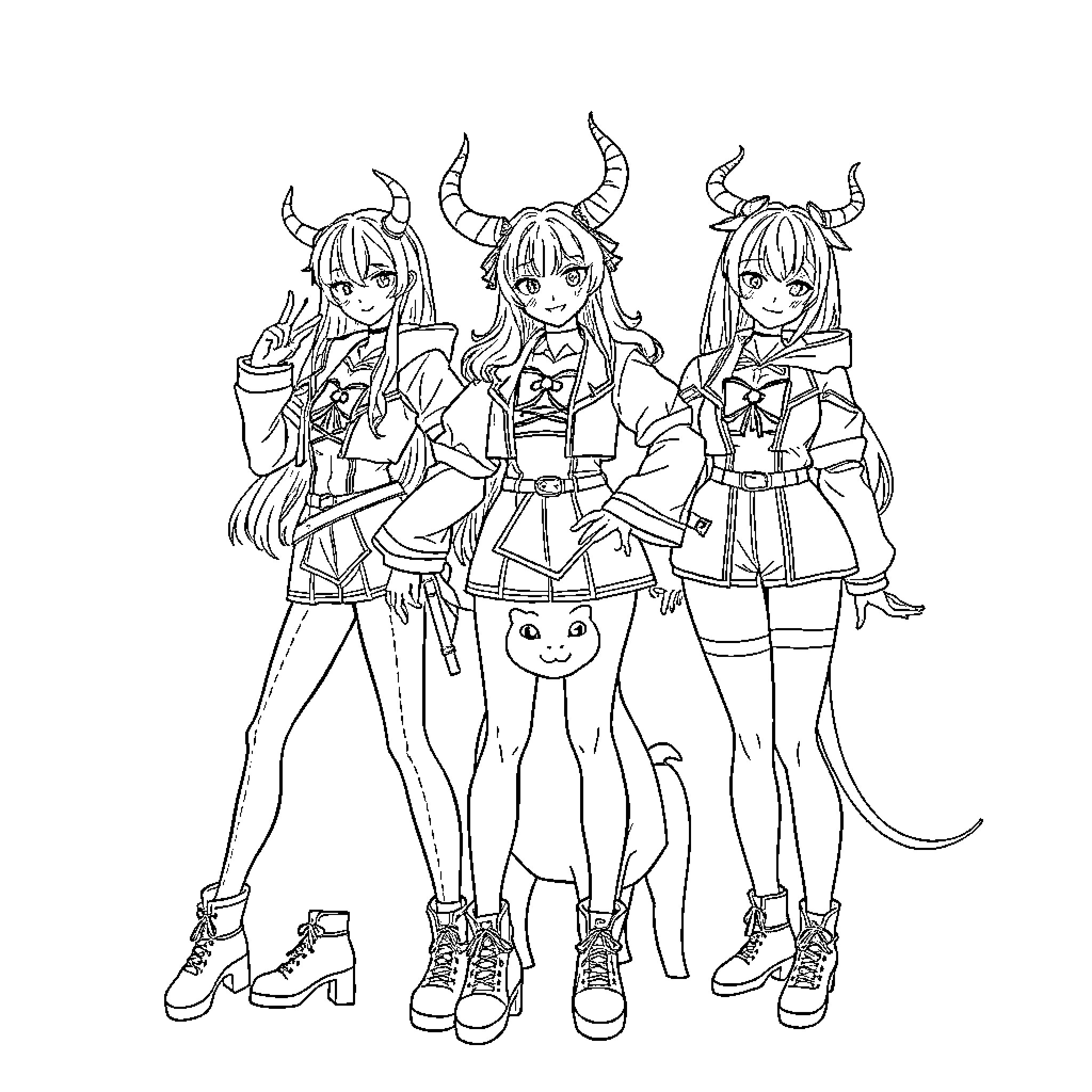 Demon Hunter Trio in Fierce Attire Coloring Page (free black-and-white line drawing printable PDF for all, from beginners to advanced learners, including children, teens, adults, and seniors)