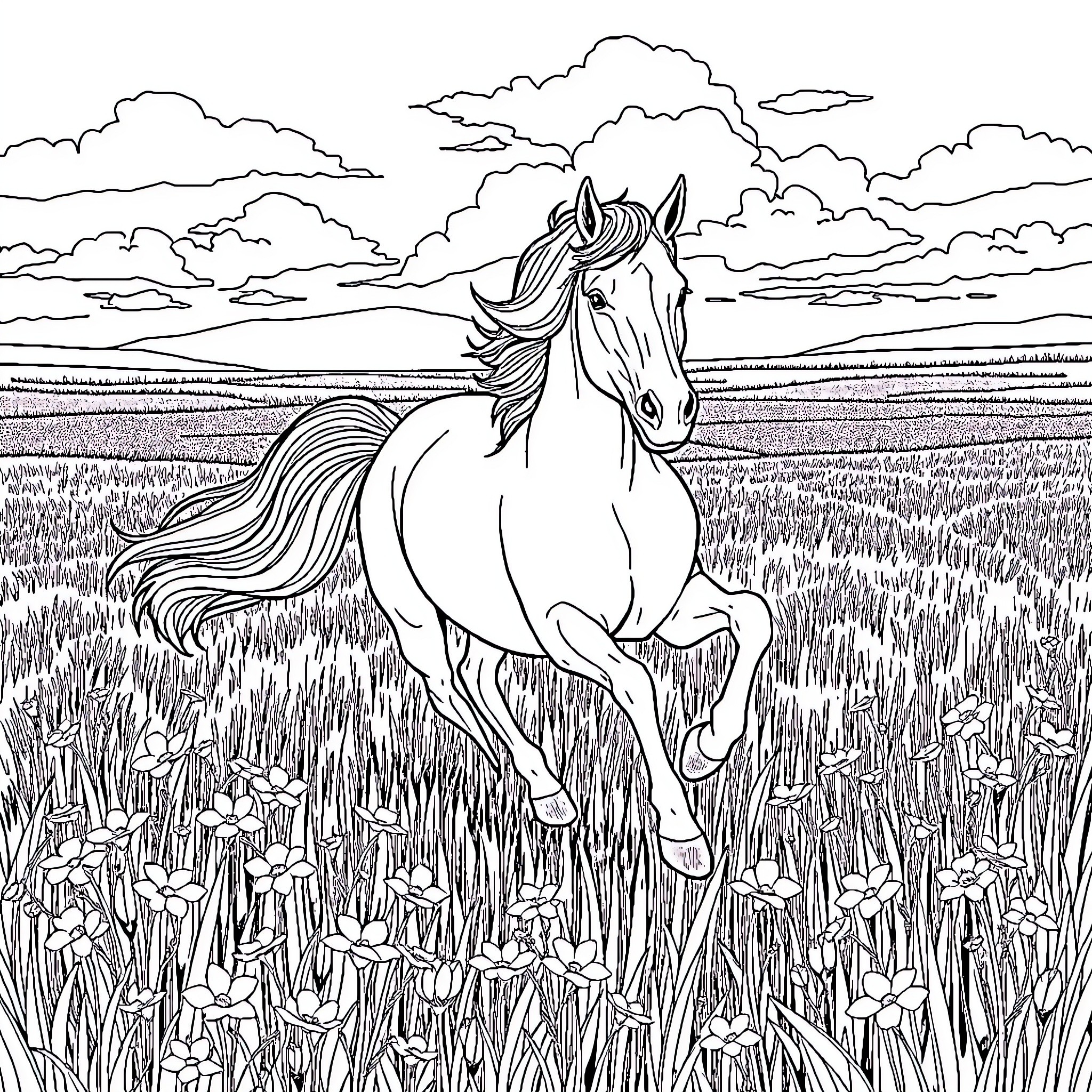 Horse galloping through a picturesque meadow Coloring Page (free black-and-white line drawing printable PDF for all, from beginners to advanced learners, including children, teens, adults, and seniors)