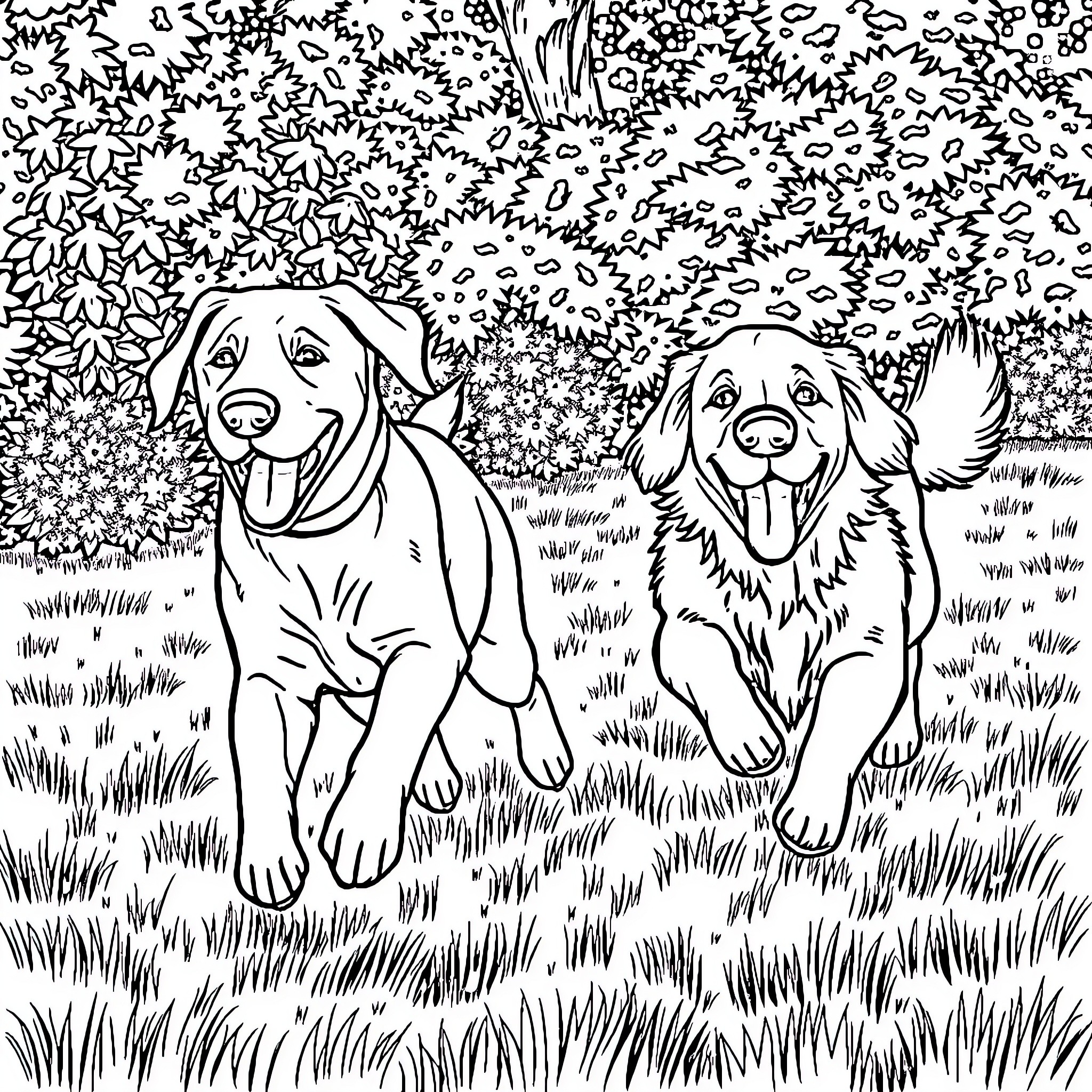 Dog friends playing happily in the garden Coloring Page (free black-and-white line drawing printable PDF for all, from beginners to advanced learners, including children, teens, adults, and seniors)