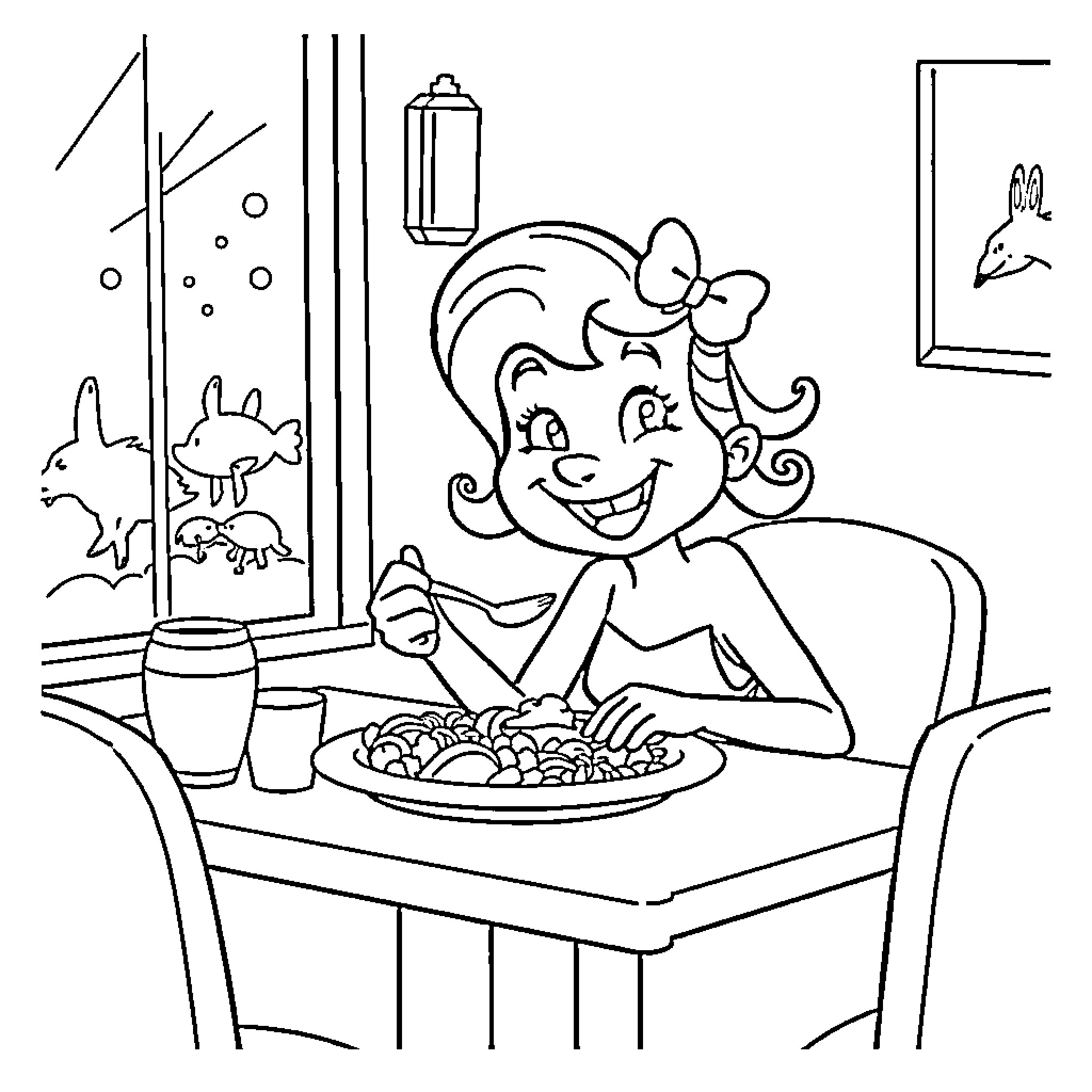 Bluey enjoying a meal at home Coloring Page (free black-and-white line drawing printable PDF for all, from beginners to advanced learners, including children, teens, adults, and seniors)