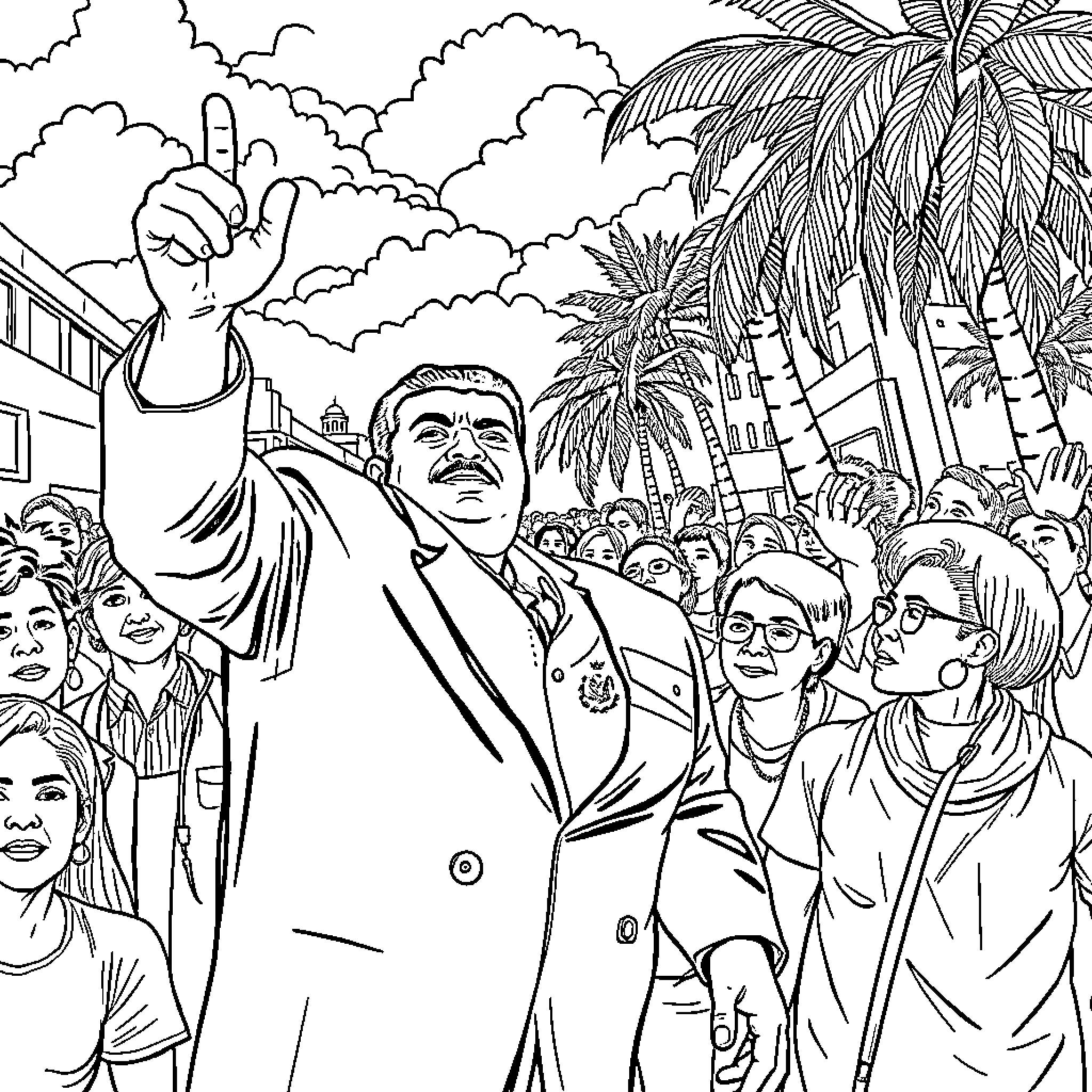 Maduro addressing a crowd in the tropics Coloring Page (free black-and-white line drawing printable PDF for all, from beginners to advanced learners, including children, teens, adults, and seniors)