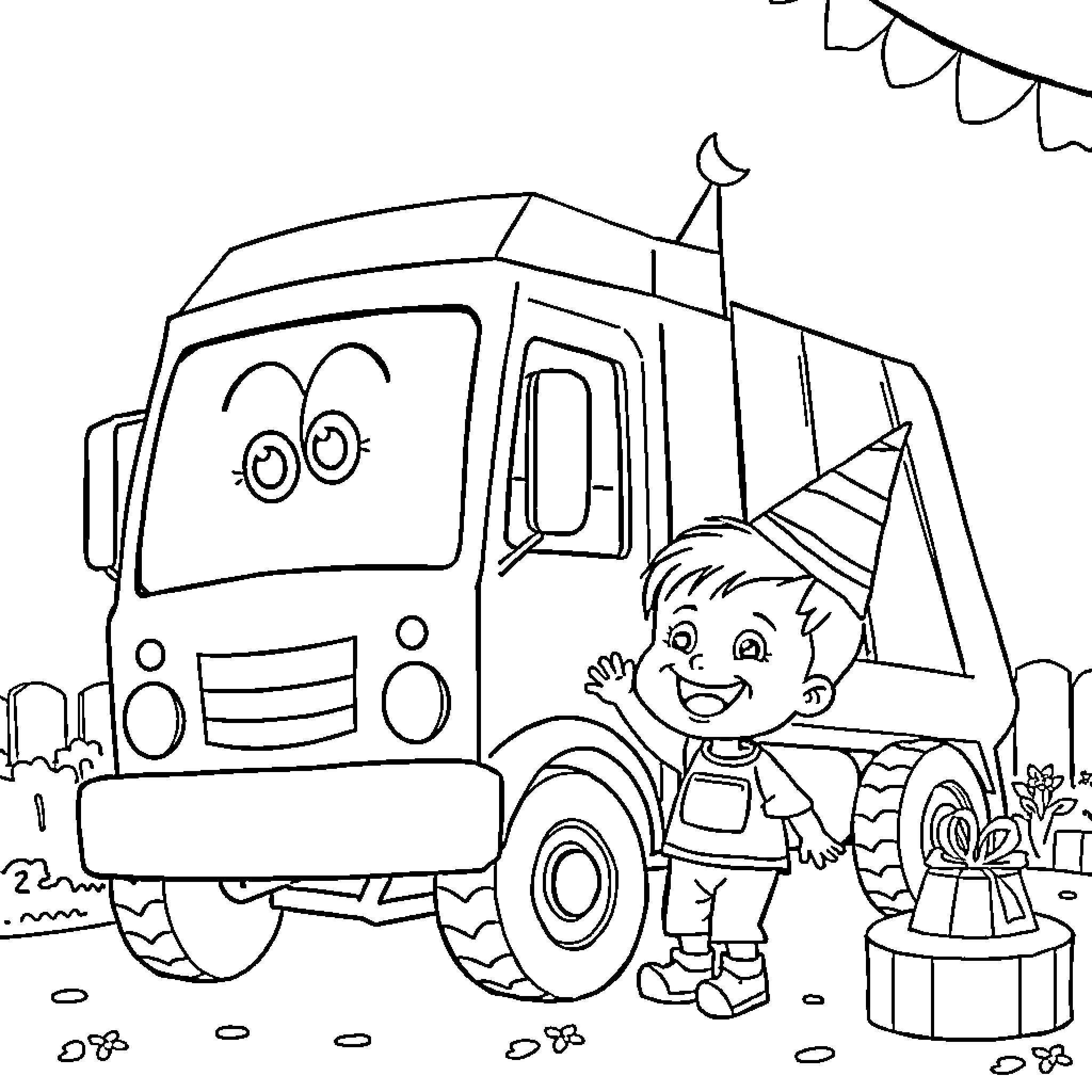 Trash Truck with Cheerful Boy and Party Decorations Coloring Page (free black-and-white line drawing printable PDF for all, from beginners to advanced learners, including children, teens, adults, and seniors)