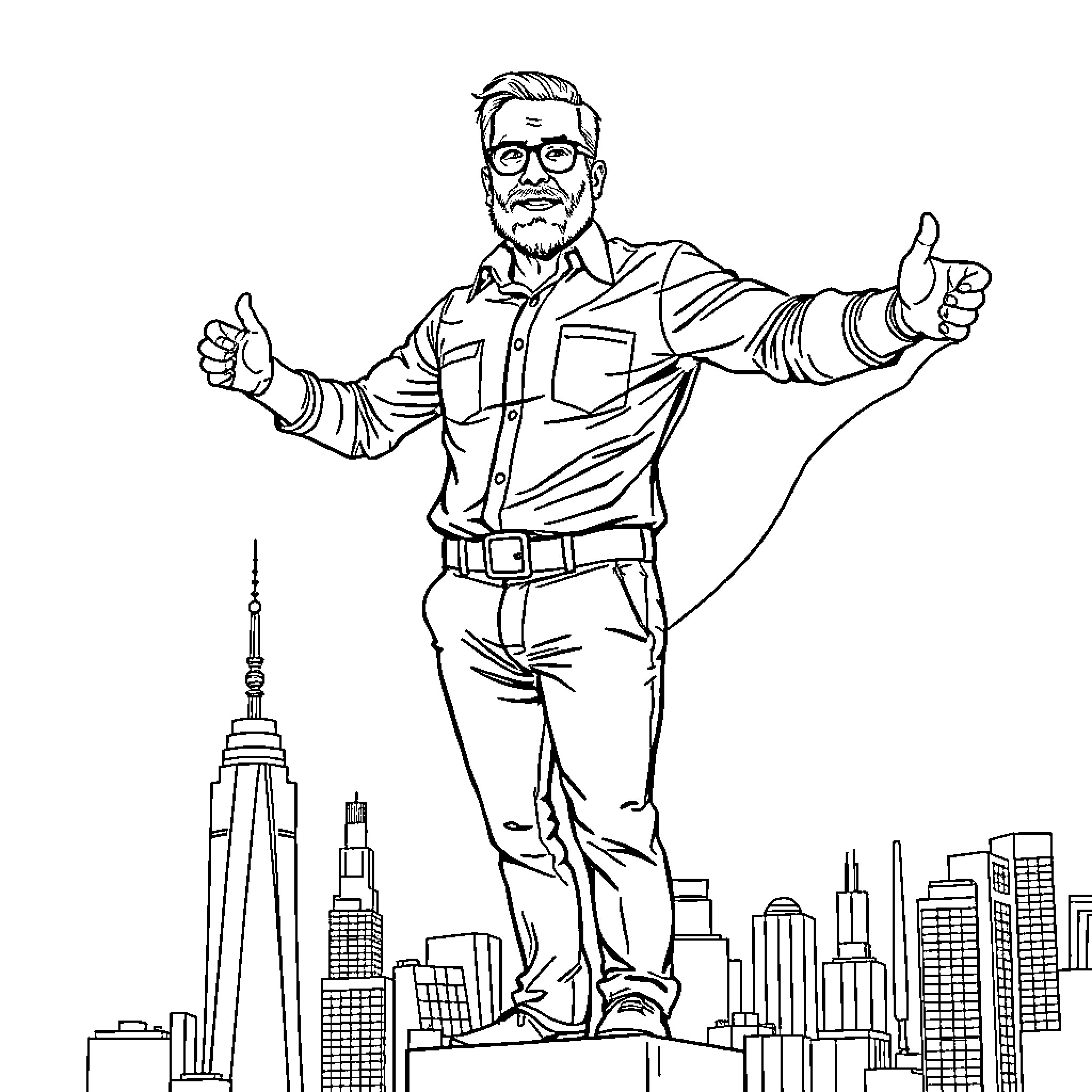 Teacher giving an enthusiastic thumbs-up in city scene Coloring Page (free black-and-white line drawing printable PDF for all, from beginners to advanced learners, including children, teens, adults, and seniors)