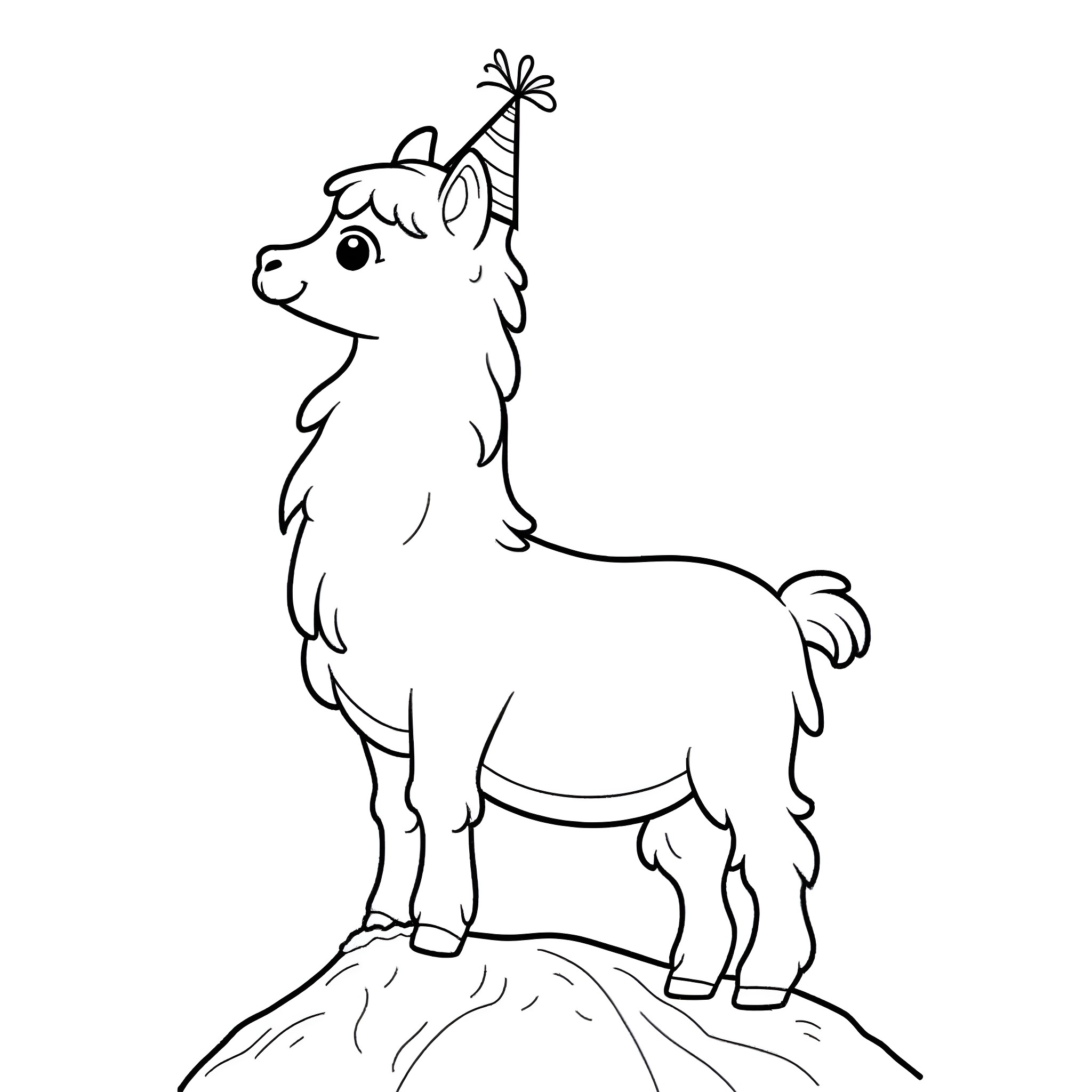 Llama celebrating with party hat Coloring Page (free black-and-white line drawing printable PDF for all, from beginners to advanced learners, including children, teens, adults, and seniors)