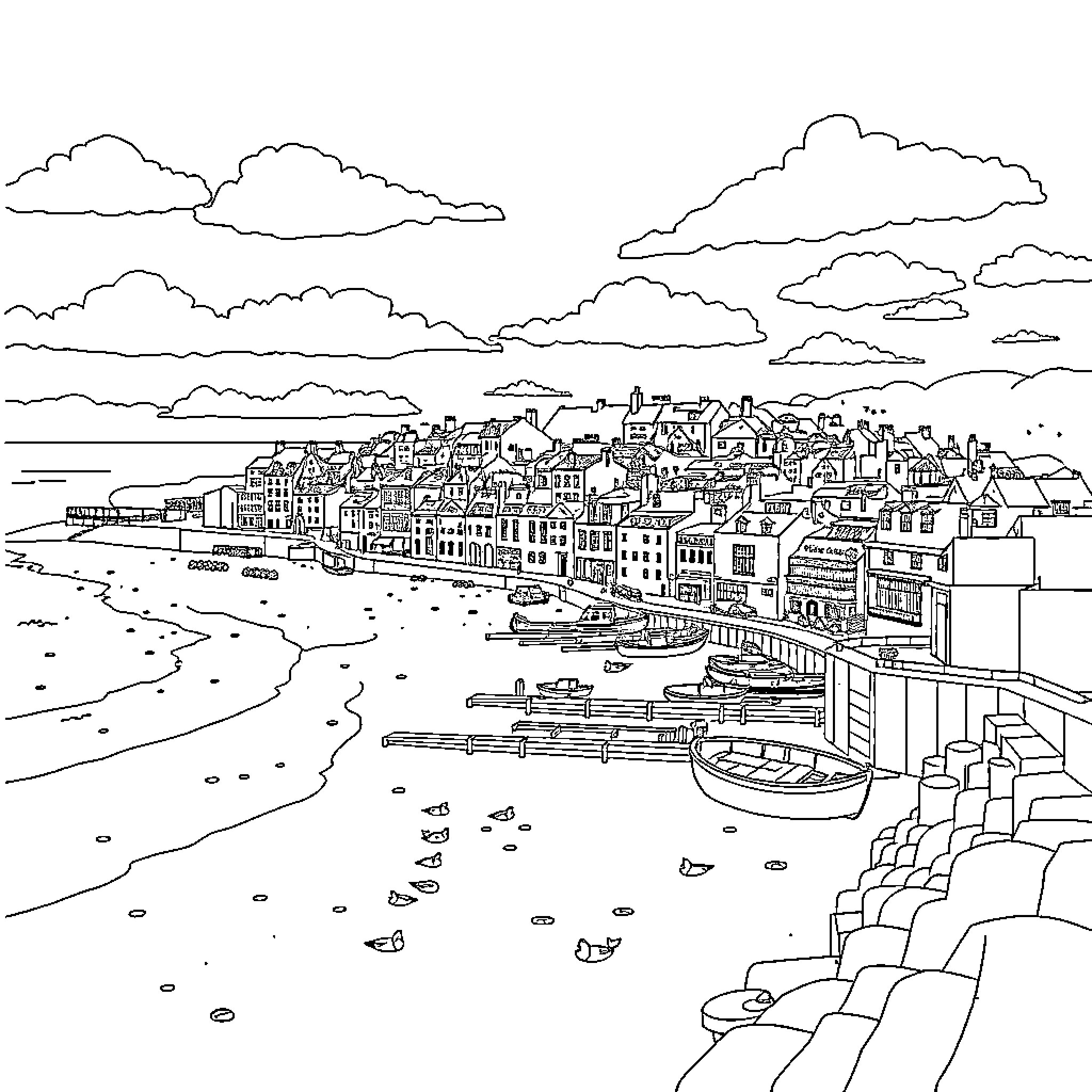 Ramsgate: Charming coastal town with boats and buildings Coloring Page (free black-and-white line drawing printable PDF for all, from beginners to advanced learners, including children, teens, adults, and seniors)