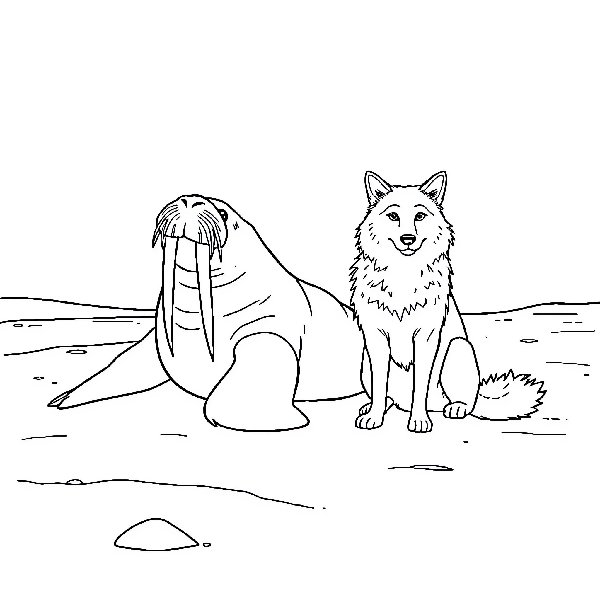 Walrus and fox resting on the beach Coloring Page (free black-and-white line drawing printable PDF for all, from beginners to advanced learners, including children, teens, adults, and seniors)