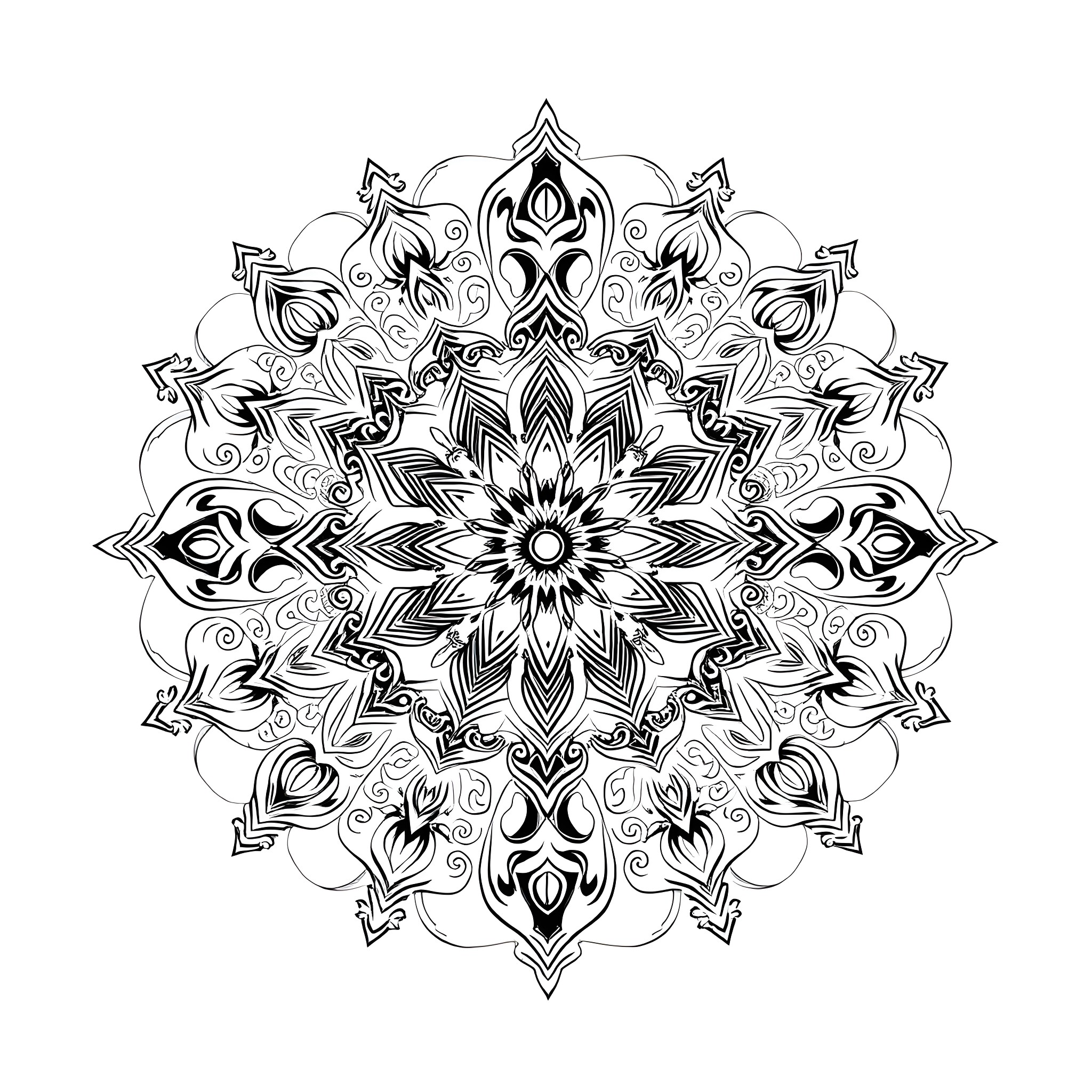 Mandala with intricate floral patterns Coloring Page (free black-and-white line drawing printable PDF for all, from beginners to advanced learners, including children, teens, adults, and seniors)