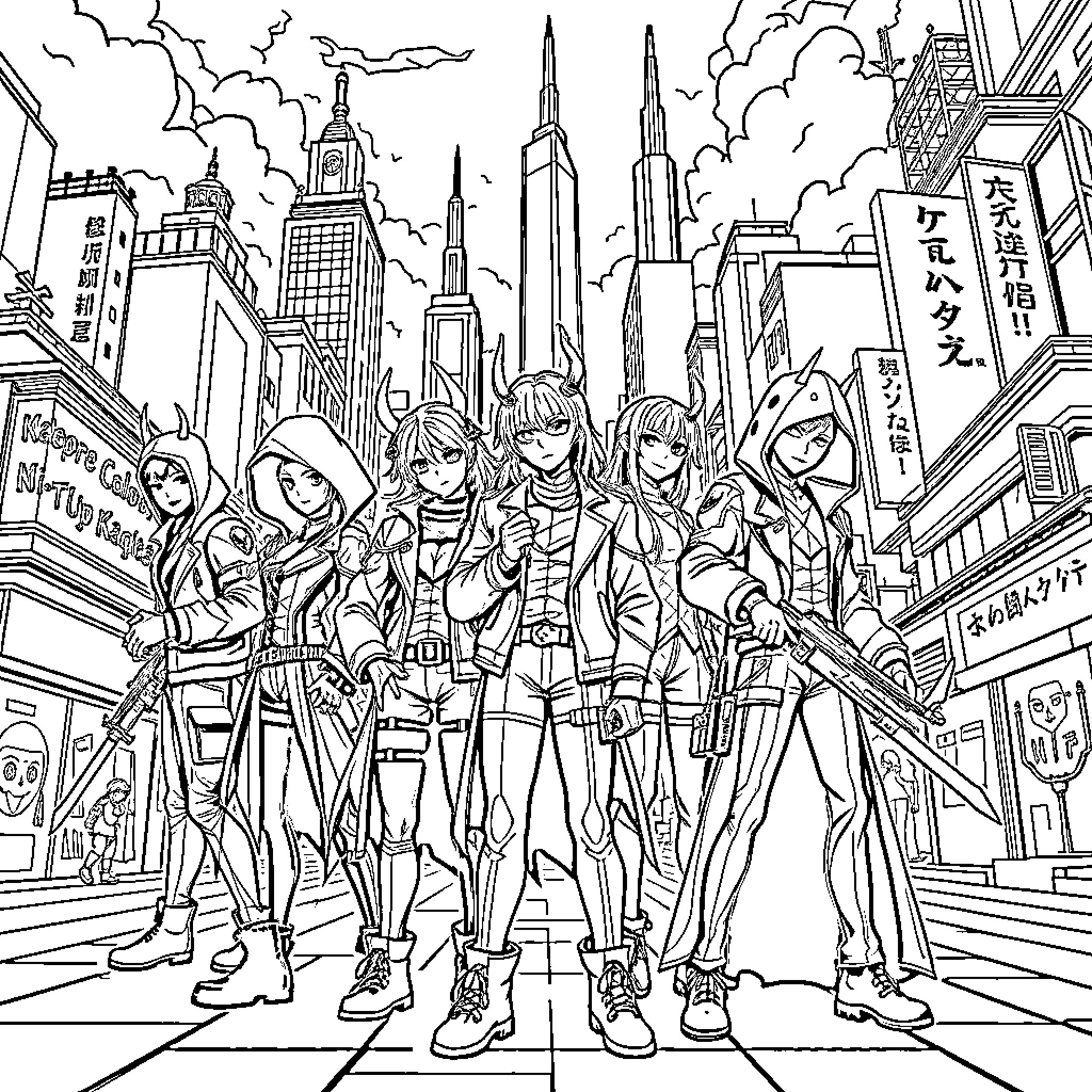 Demon Hunter Defenders in Futuristic City Coloring Page (free black-and-white line drawing printable PDF for all, from beginners to advanced learners, including children, teens, adults, and seniors)