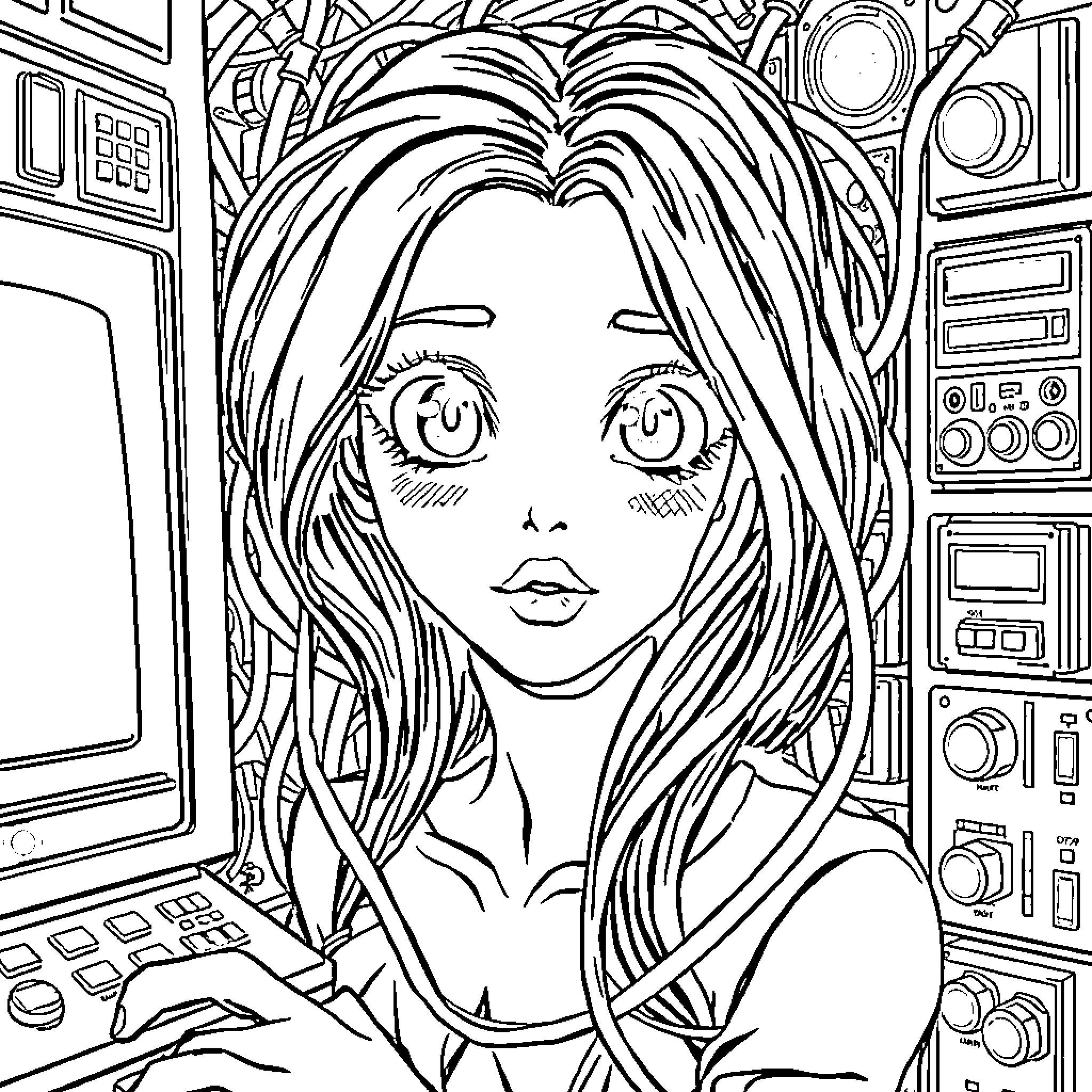 Woman surrounded by electronic devices Coloring Page (free black-and-white line drawing printable PDF for all, from beginners to advanced learners, including children, teens, adults, and seniors)