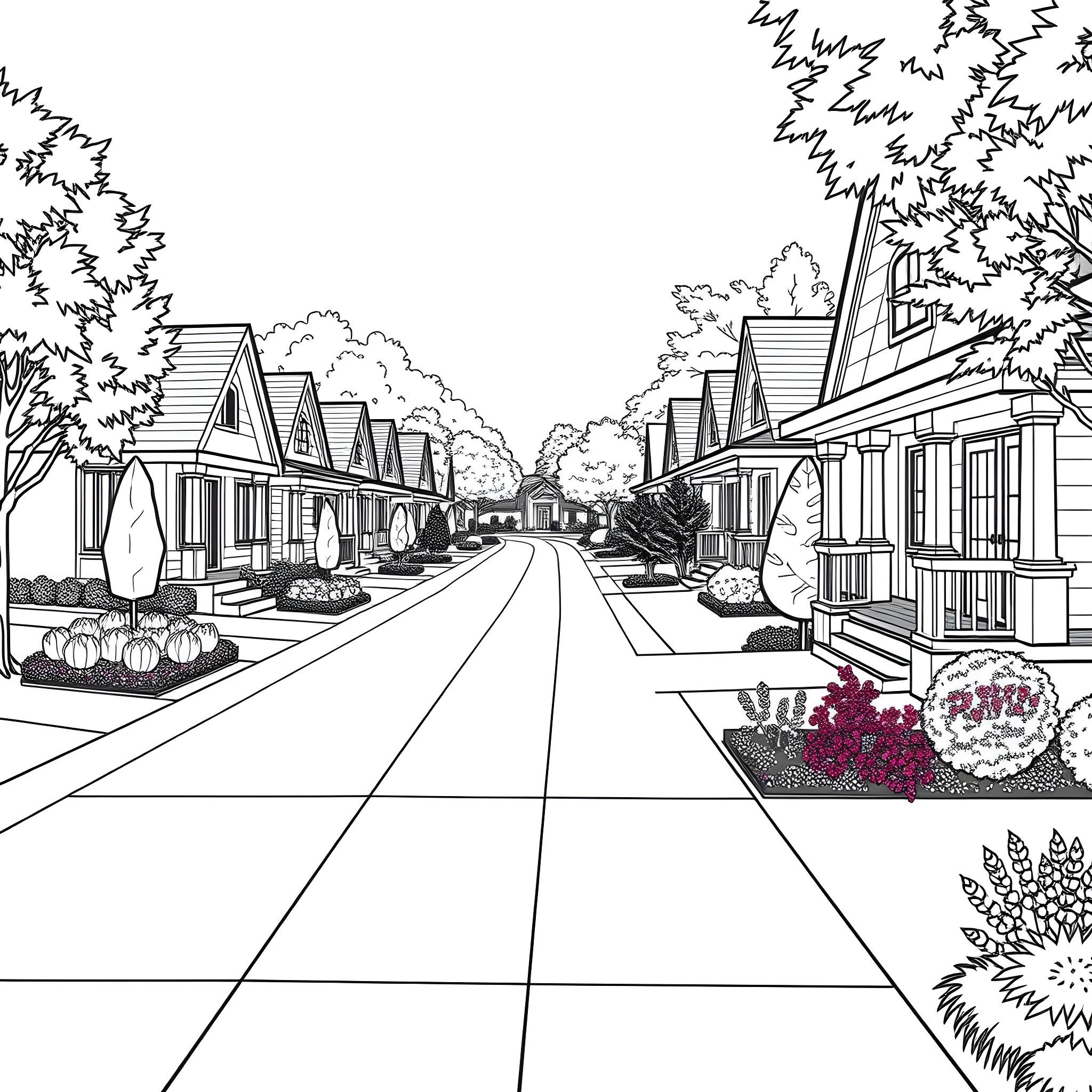 Bungalow neighborhood with houses and trees Coloring Page (free black-and-white line drawing printable PDF for all, from beginners to advanced learners, including children, teens, adults, and seniors)