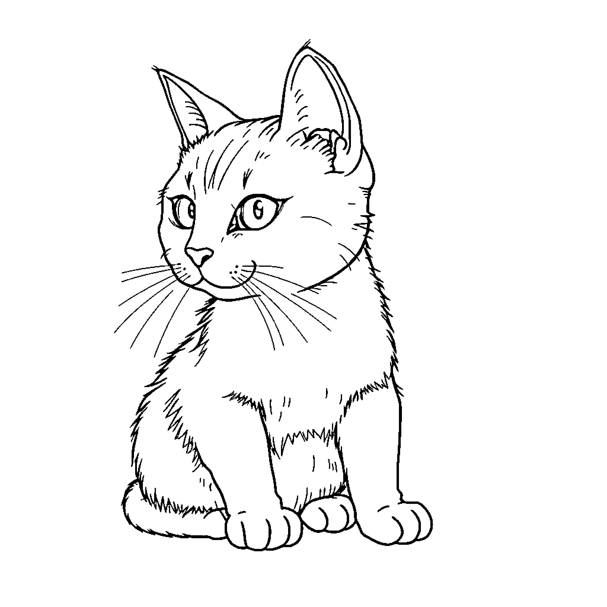 Gato sitting curiously and alert Coloring Page (free black-and-white line drawing printable PDF for all, from beginners to advanced learners, including children, teens, adults, and seniors)