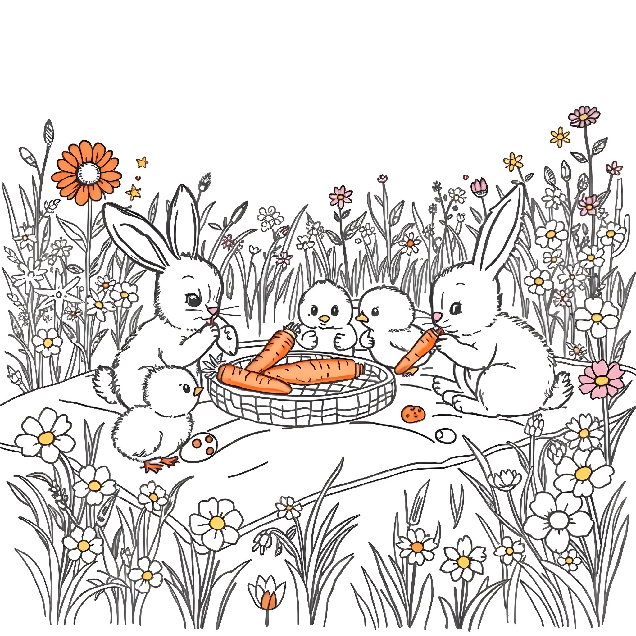Bunny friends enjoying a basket of carrots in the meadow Coloring Page (free black-and-white line drawing printable PDF for all, from beginners to advanced learners, including children, teens, adults, and seniors)