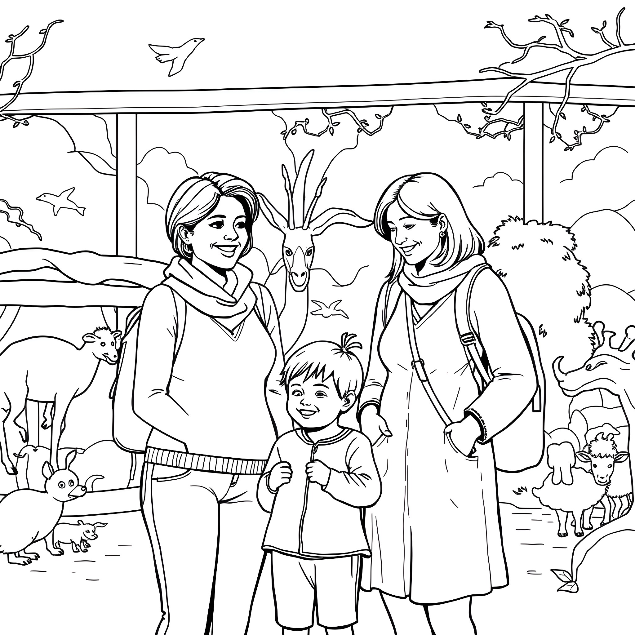 Mother and child exploring nature together Coloring Page (free black-and-white line drawing printable PDF for all, from beginners to advanced learners, including children, teens, adults, and seniors)