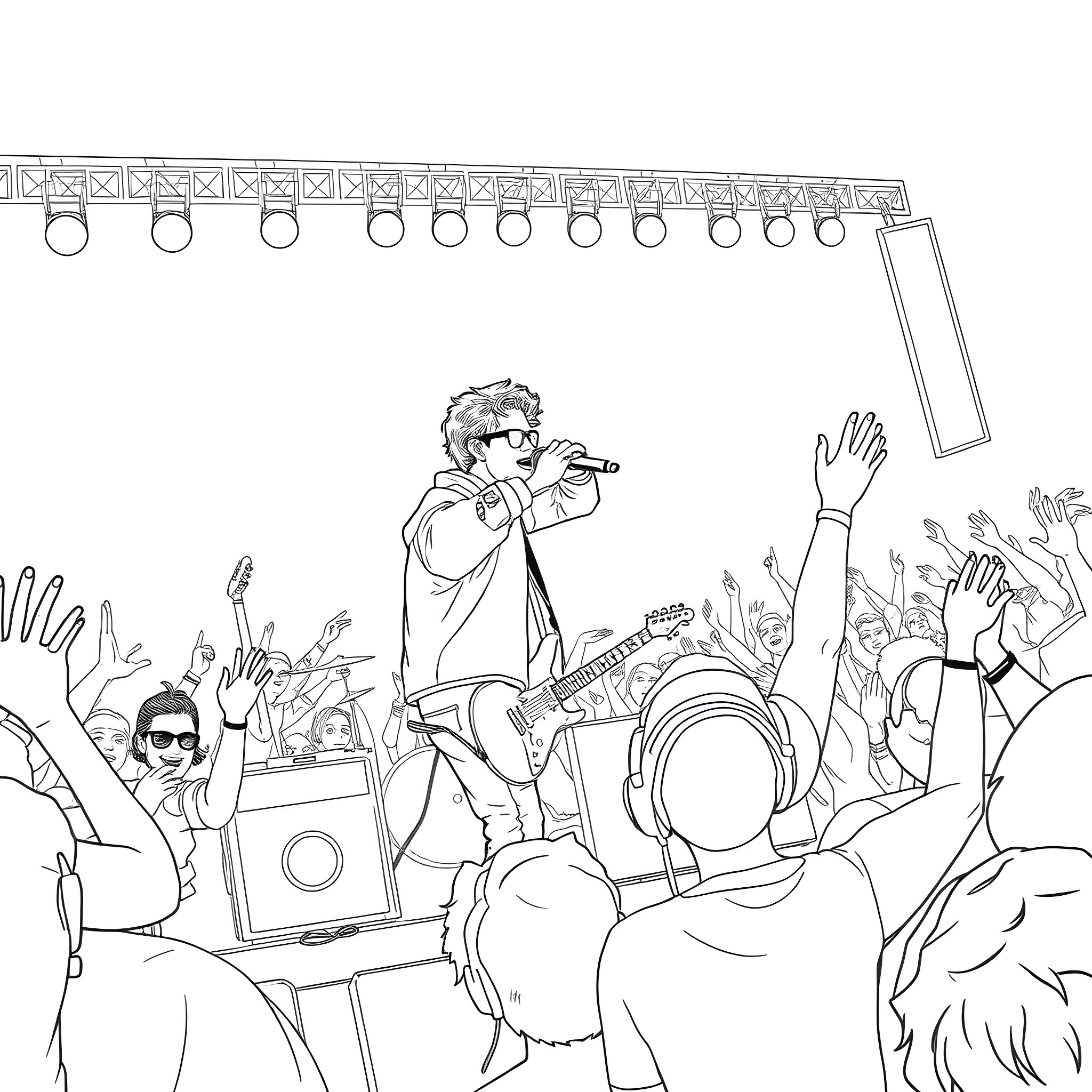 Bruno Mars performing on stage with enthusiastic crowd Coloring Page (free black-and-white line drawing printable PDF for all, from beginners to advanced learners, including children, teens, adults, and seniors)