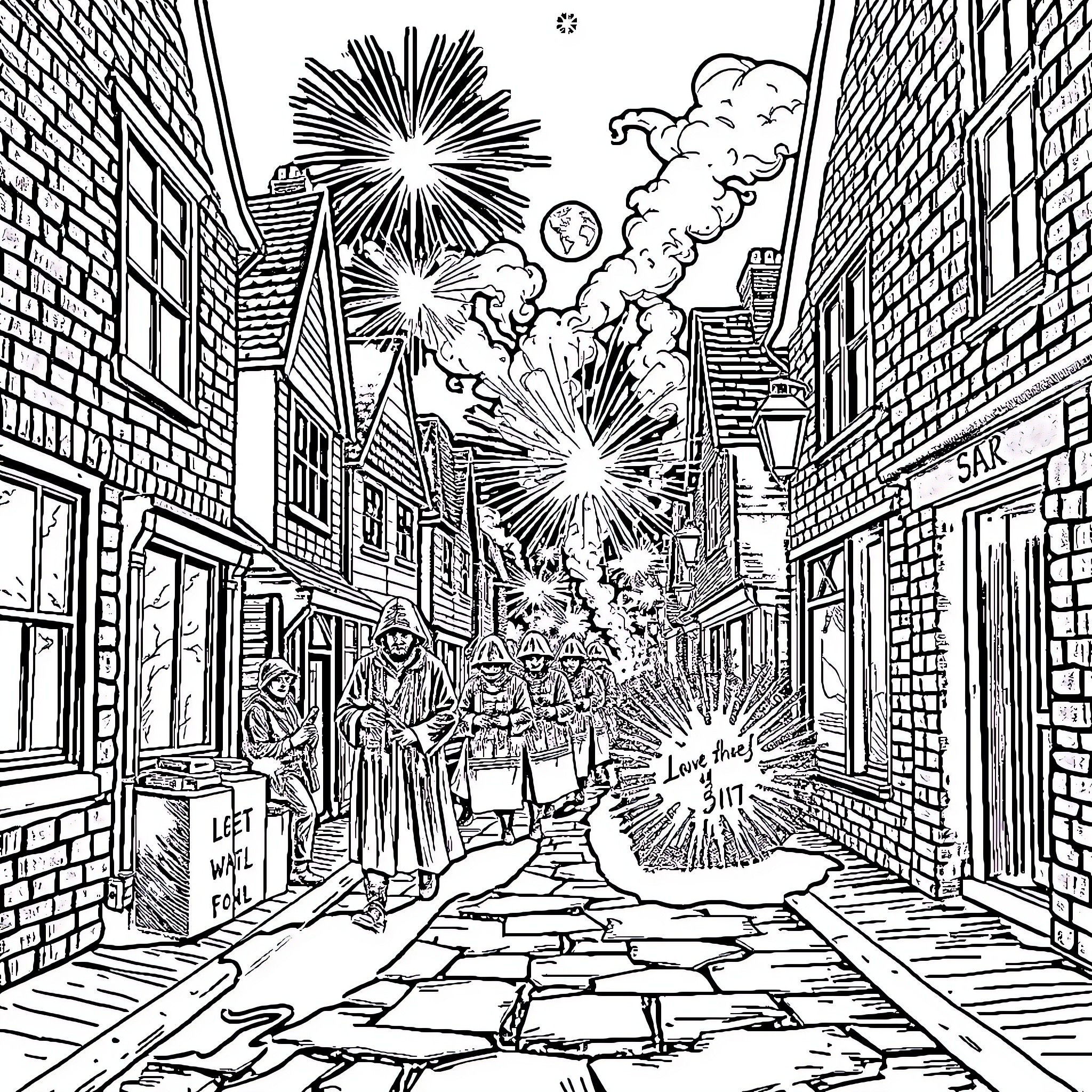 Smuggler's Chaotic Alley: Fireworks and Shady Figures Coloring Page (free black-and-white line drawing printable PDF for all, from beginners to advanced learners, including children, teens, adults, and seniors)
