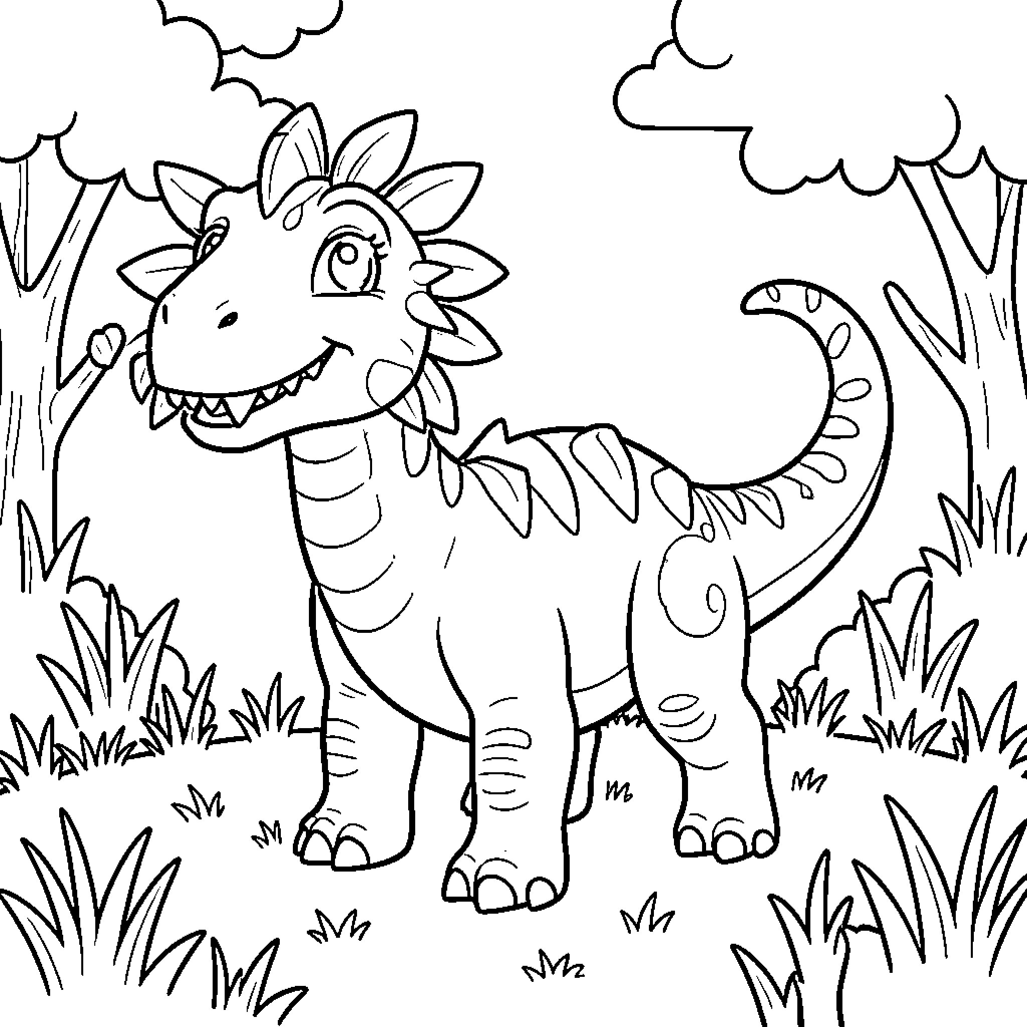 Dinosaur smiling happily while walking through a forest Coloring Page (free black-and-white line drawing printable PDF for all, from beginners to advanced learners, including children, teens, adults, and seniors)