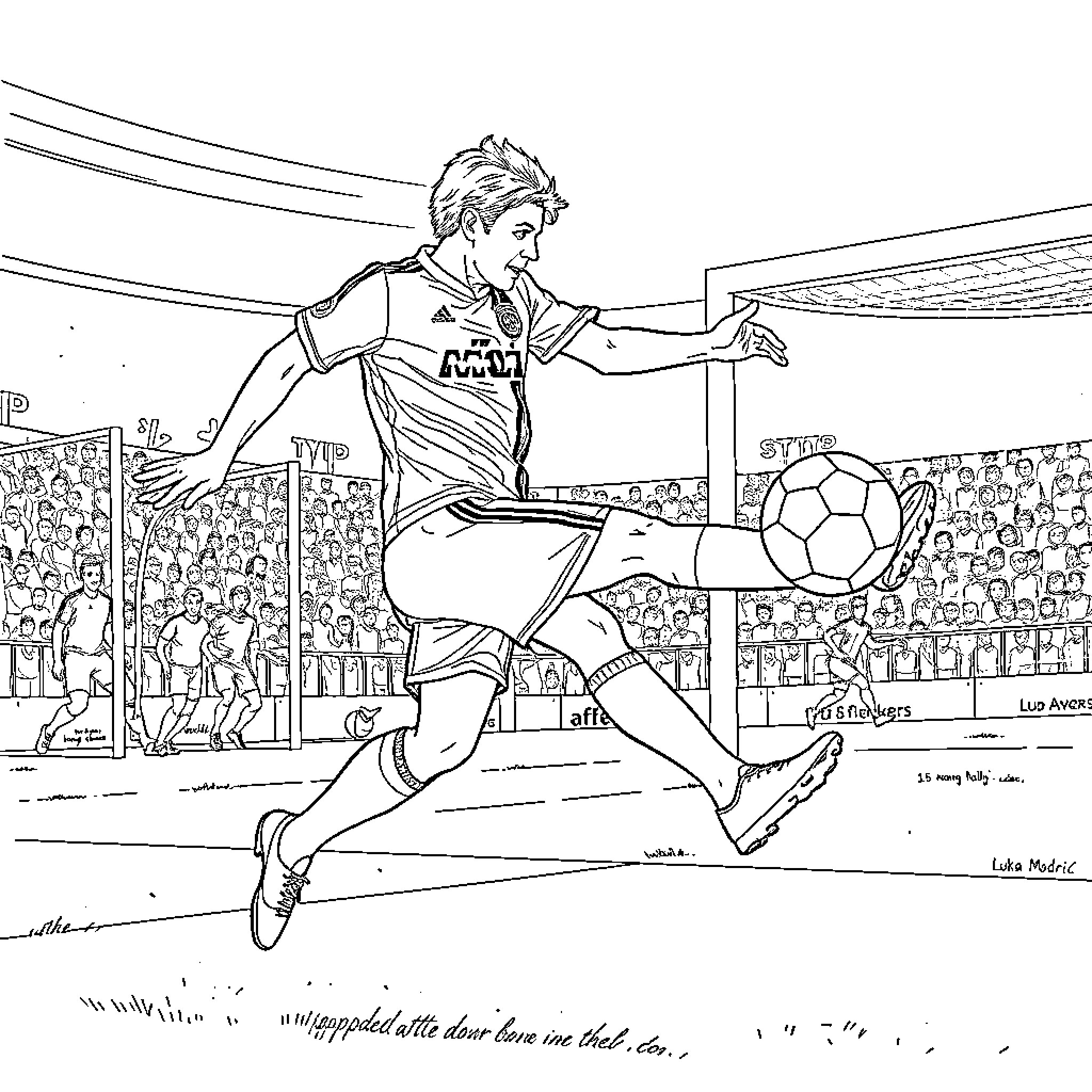 Luka Modric competing in a soccer match Coloring Page (free black-and-white line drawing printable PDF for all, from beginners to advanced learners, including children, teens, adults, and seniors)